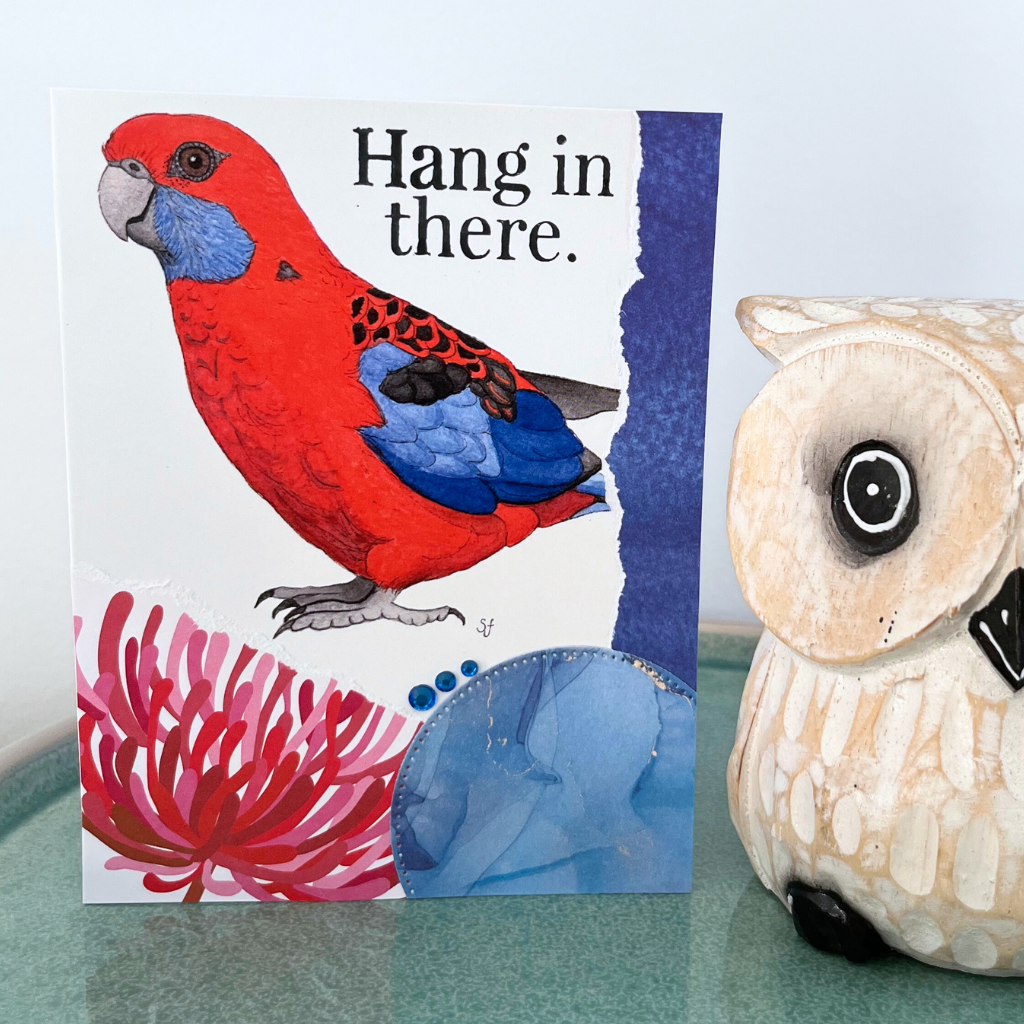 Crimson rosella "Hang in there" card