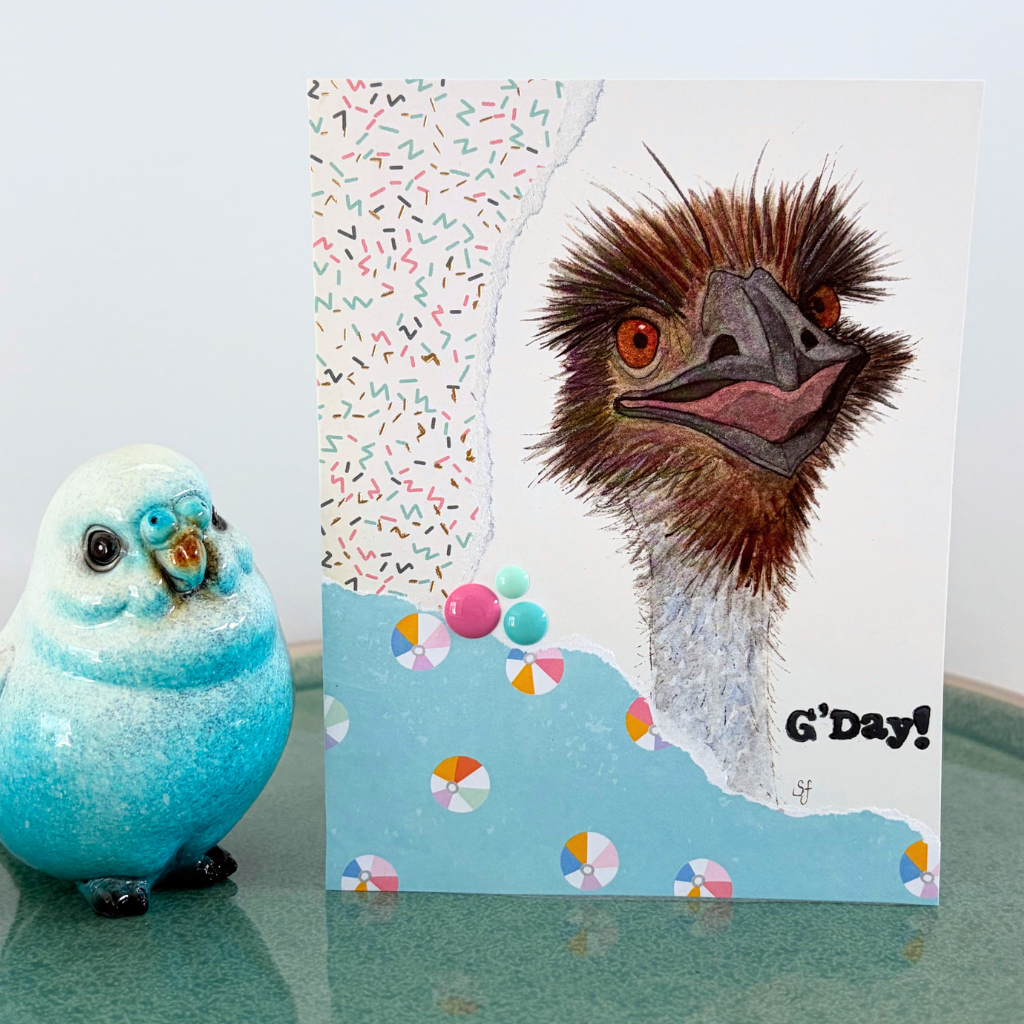 Cheerful emu "G'Day!" card