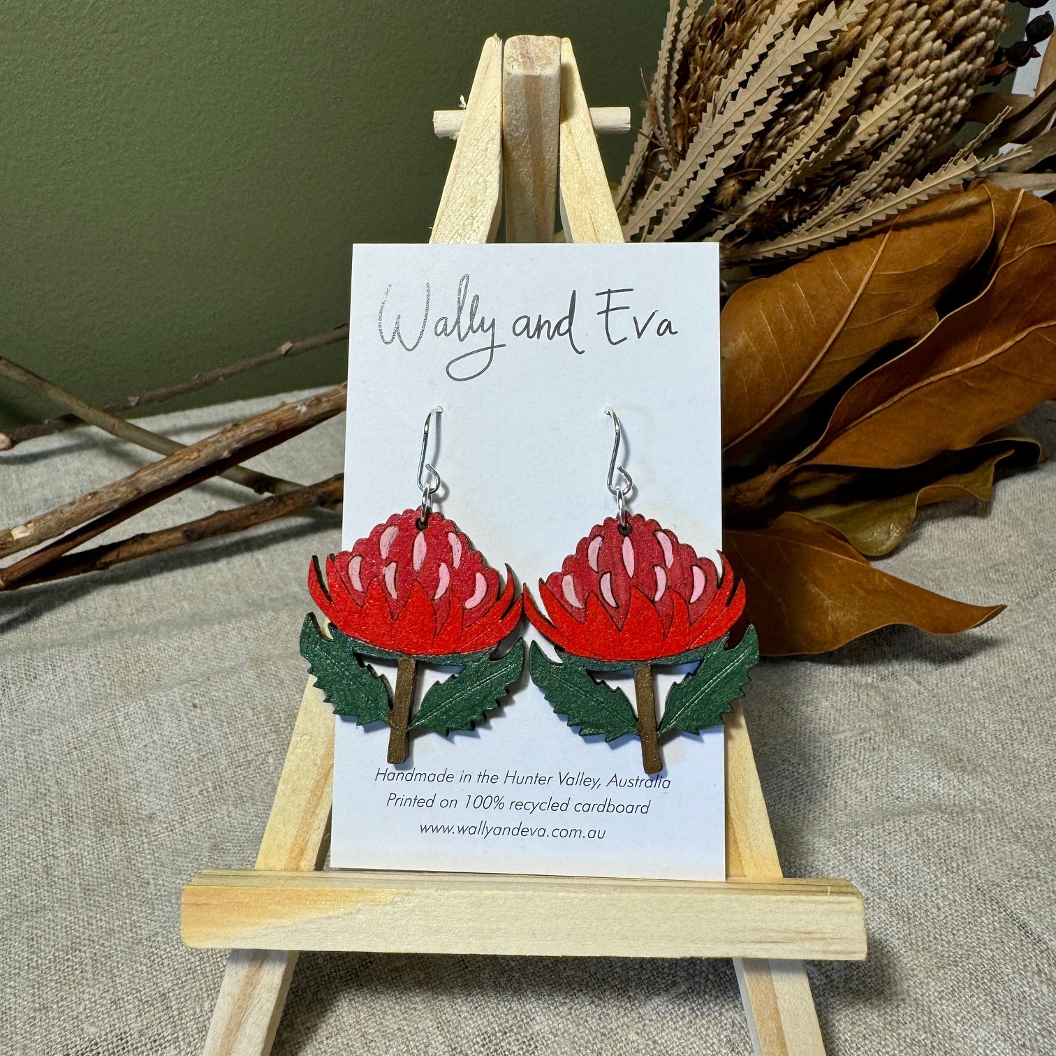 Waratah Flower Hand Painted Wood Earrings