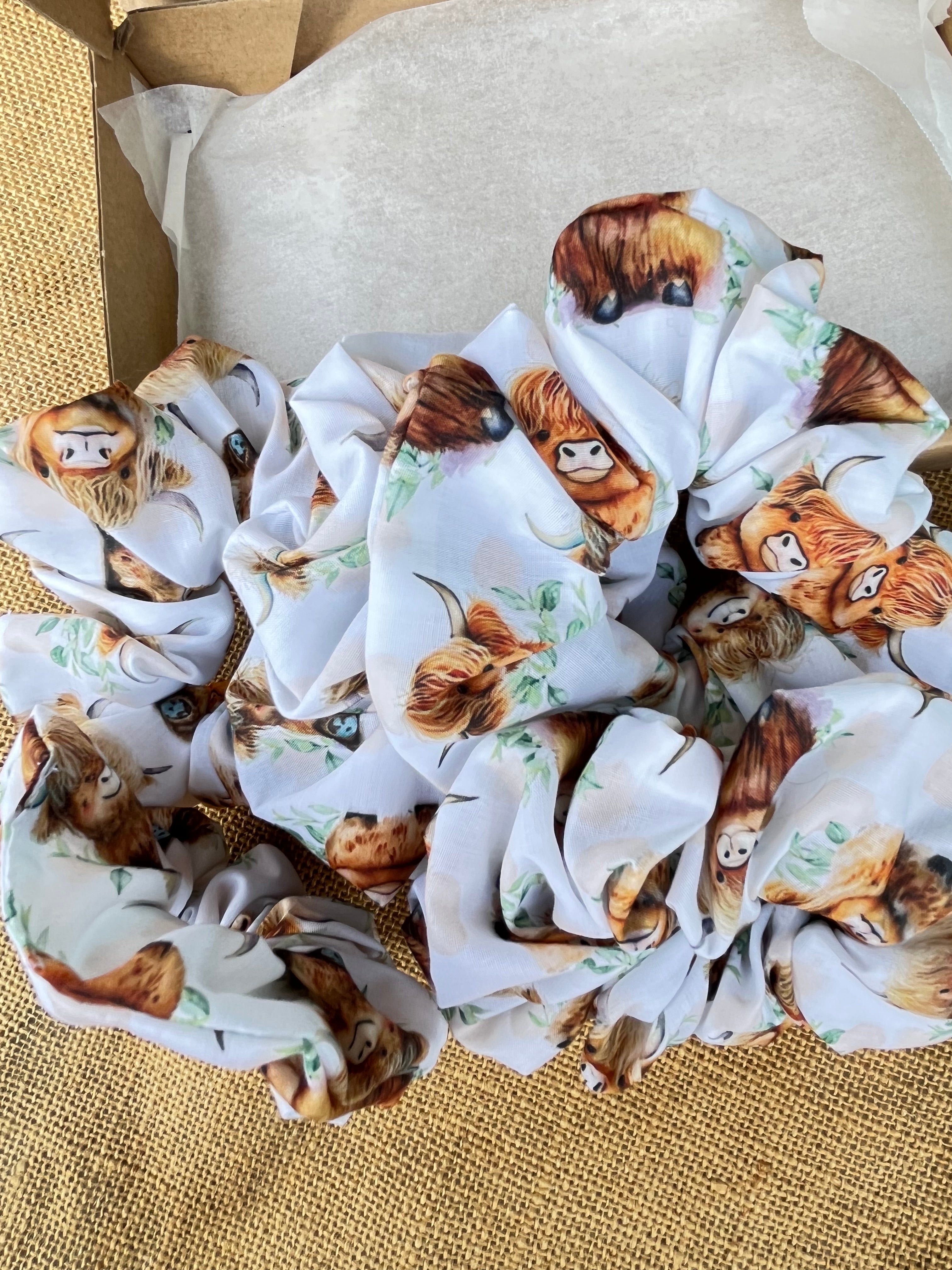Artisan Handmade Scrunchie in Highland Cow Fabric