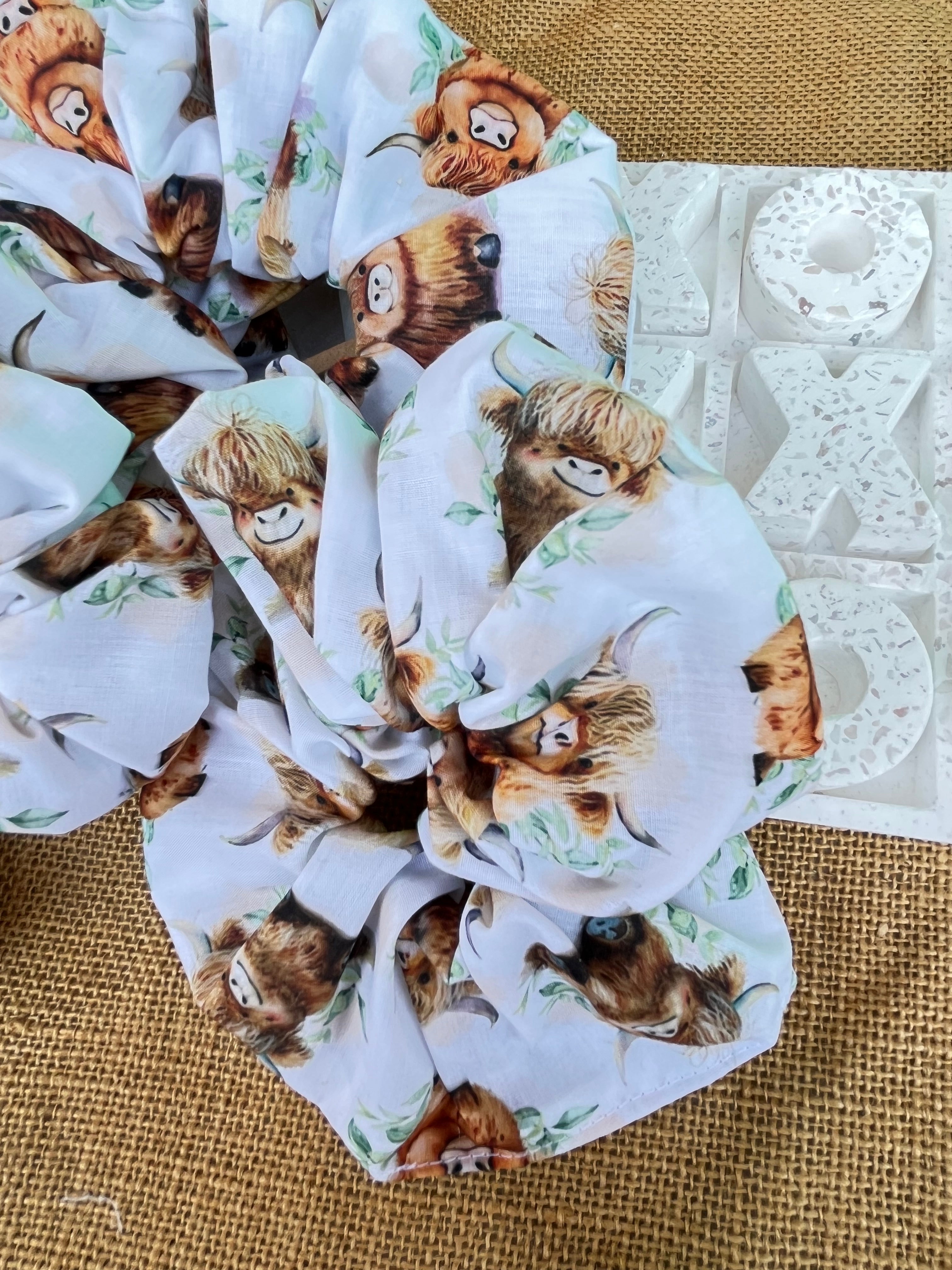 Artisan Handmade Scrunchie in Highland Cow Fabric