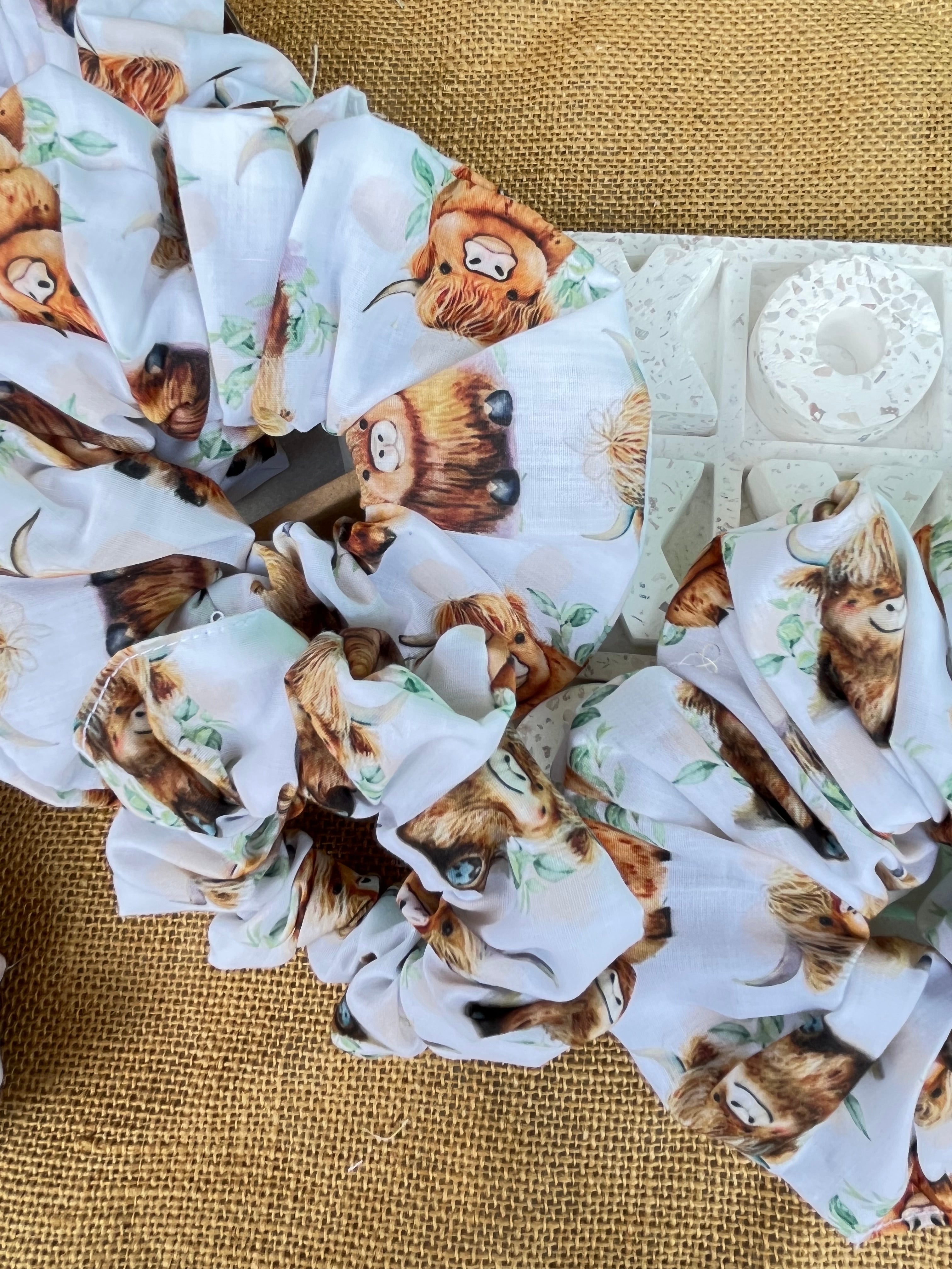 Artisan Handmade Scrunchie in Highland Cow Fabric