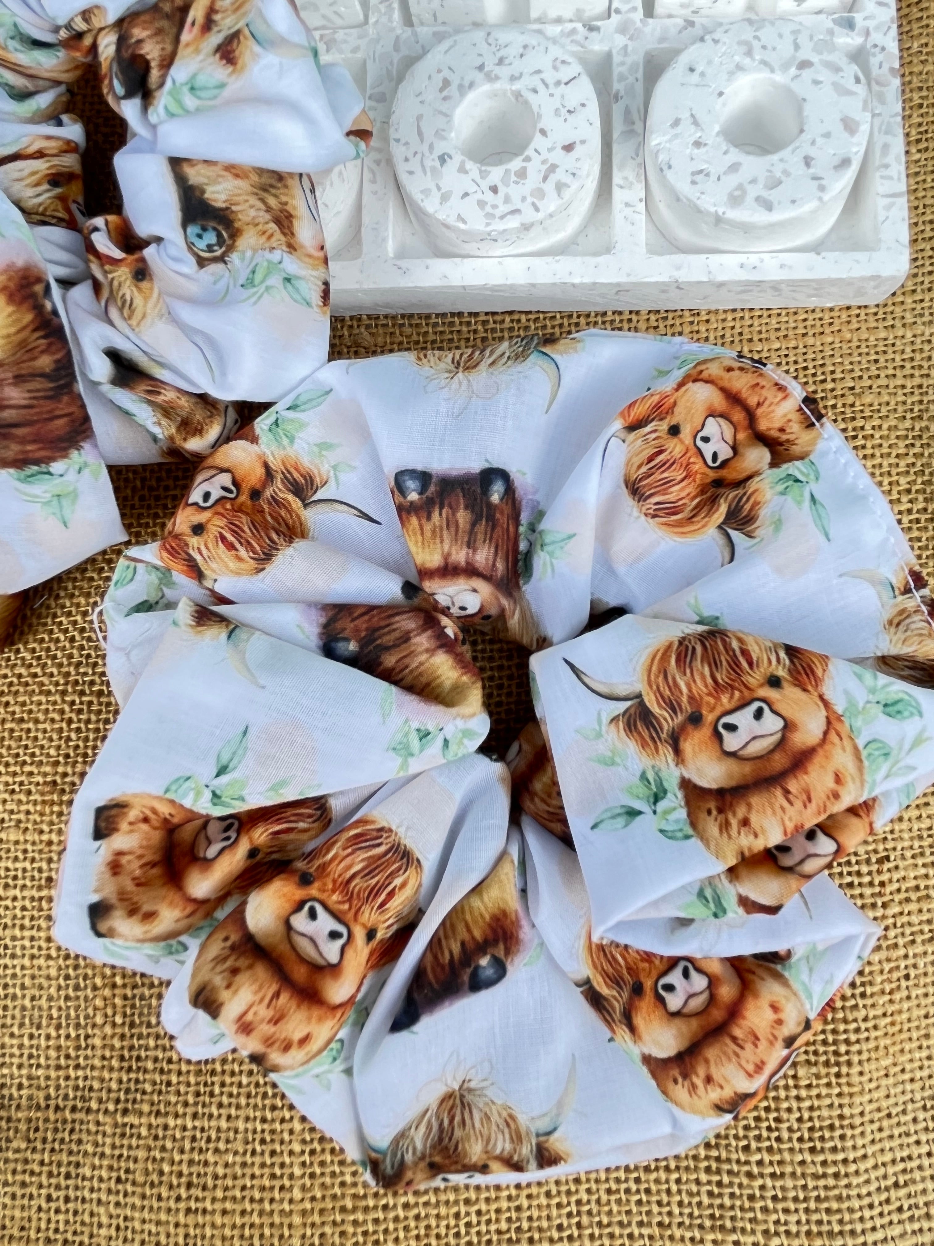 Artisan Handmade Scrunchie in Highland Cow Fabric