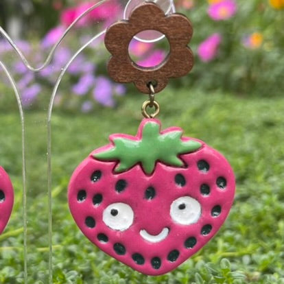 Quirky Strawberry Handpainted Polymer Clay Earrings