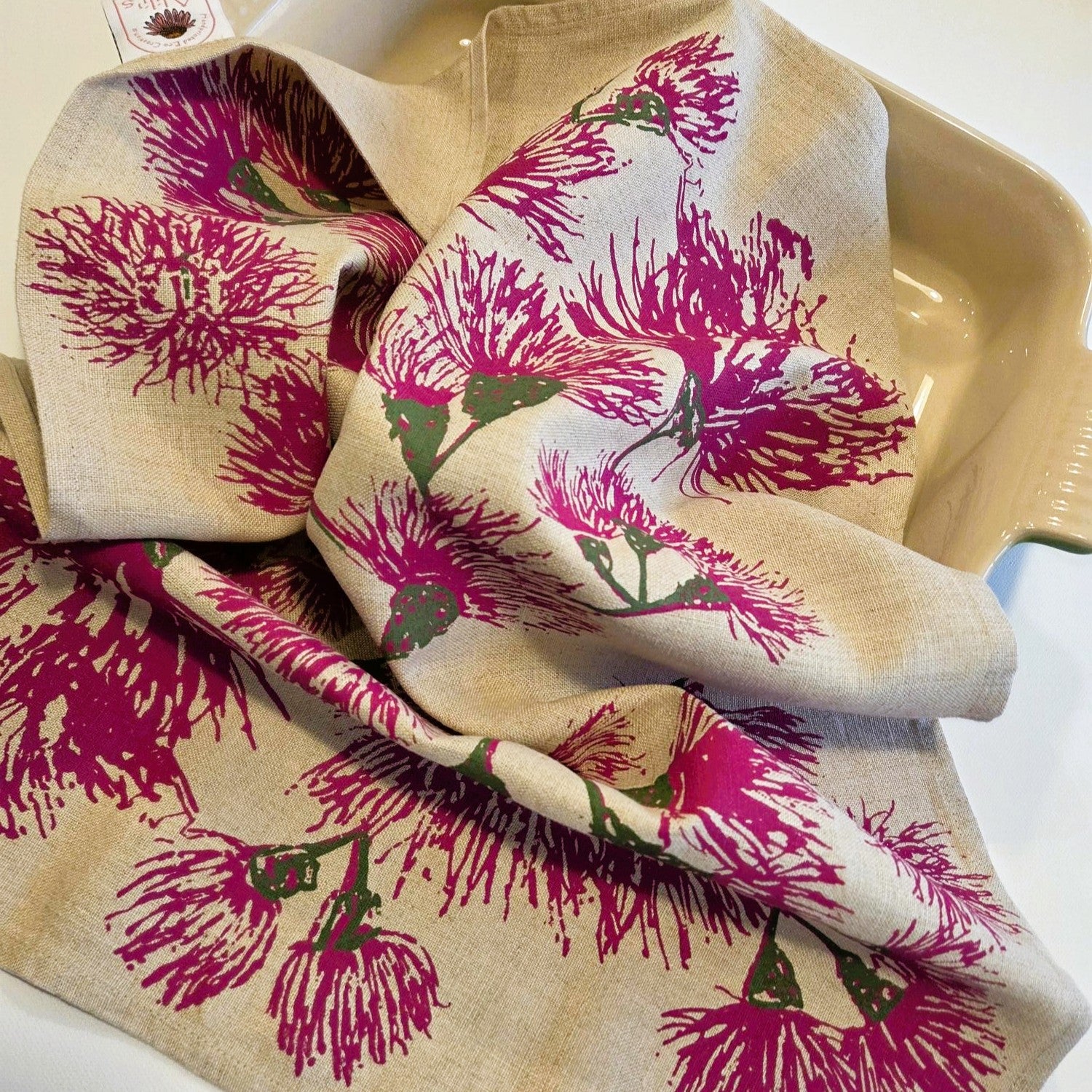 Hand Screen Printed Linen Tea Towels-Eucalypt Blossoms