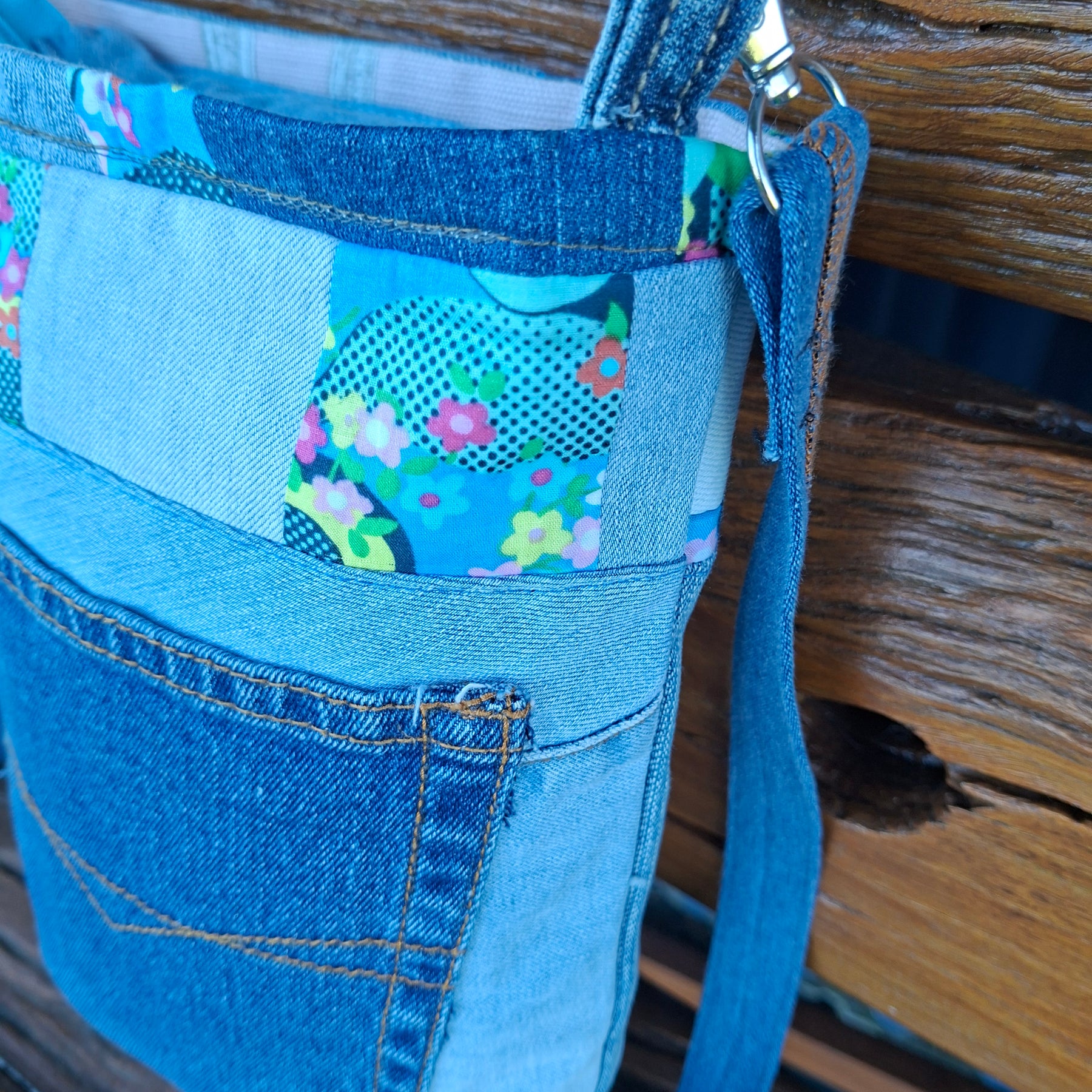 SALE - Blue, Floral & Denim Cross Body Bag w matching pouch