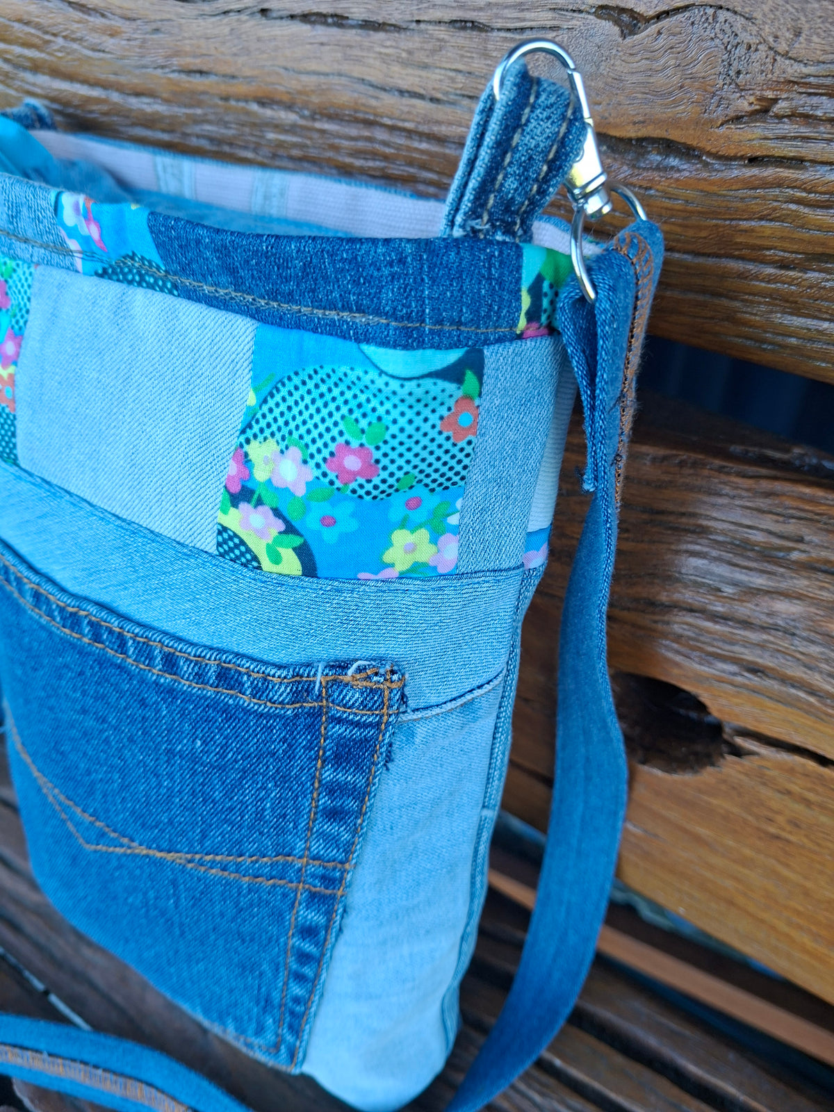 SALE - Blue, Floral & Denim Cross Body Bag w matching pouch
