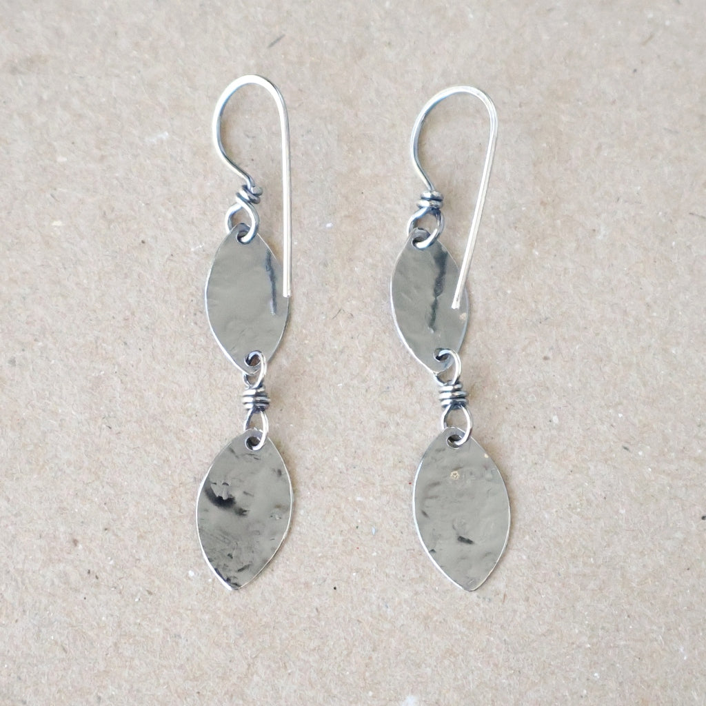 Handcrafted Ethical Sterling Silver Earrings - Playful Double Leaf Drops