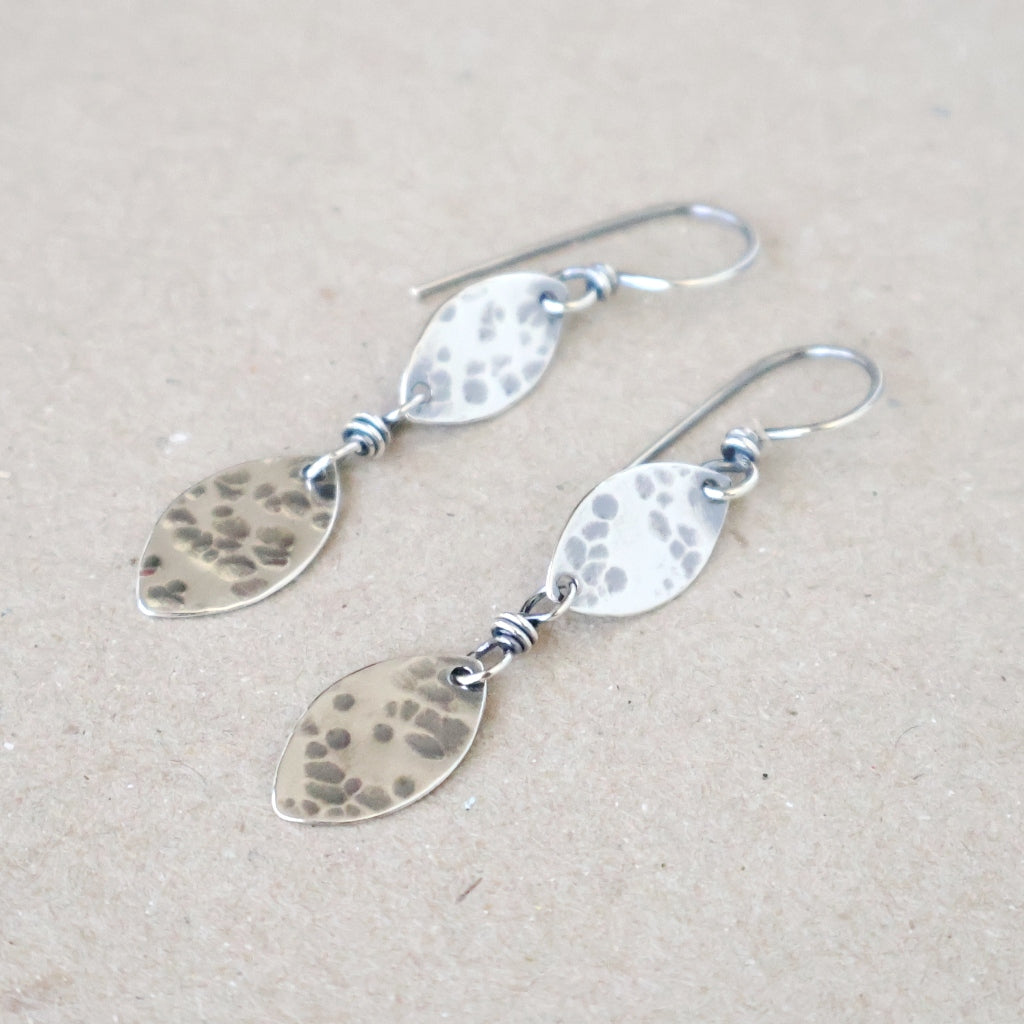 Handcrafted Ethical Sterling Silver Earrings - Playful Double Leaf Drops