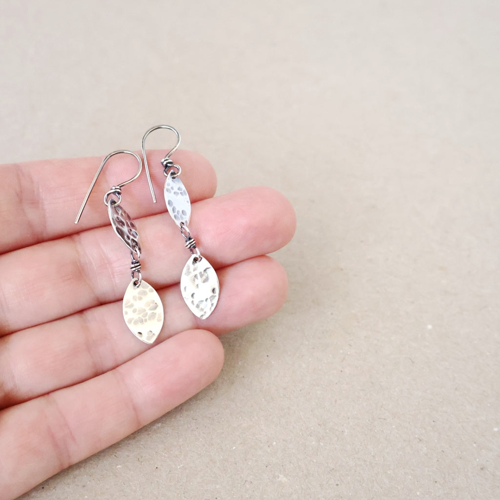 Handcrafted Ethical Sterling Silver Earrings - Playful Double Leaf Drops