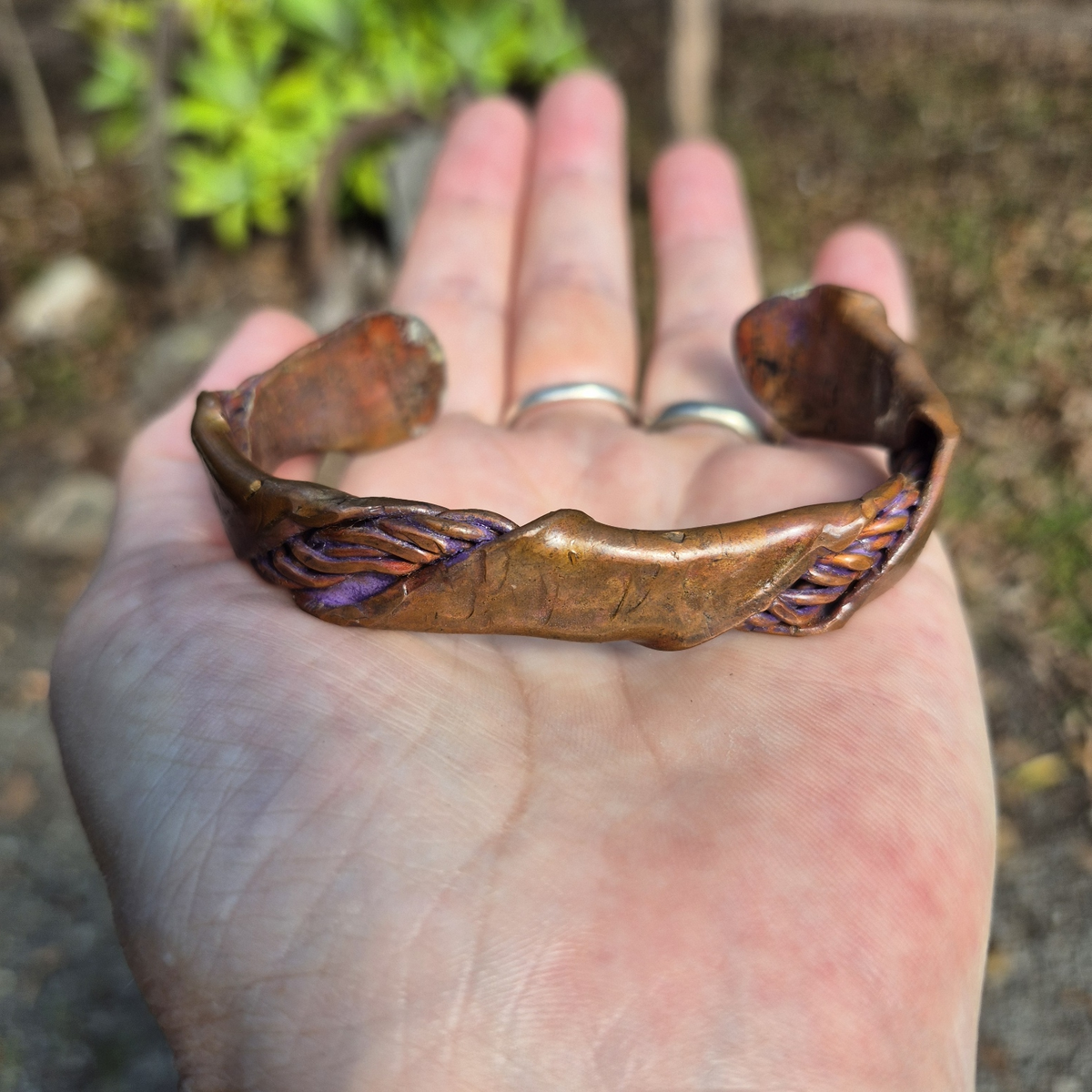 Handmade Purple-Accented Copper Cuff Bracelet B022