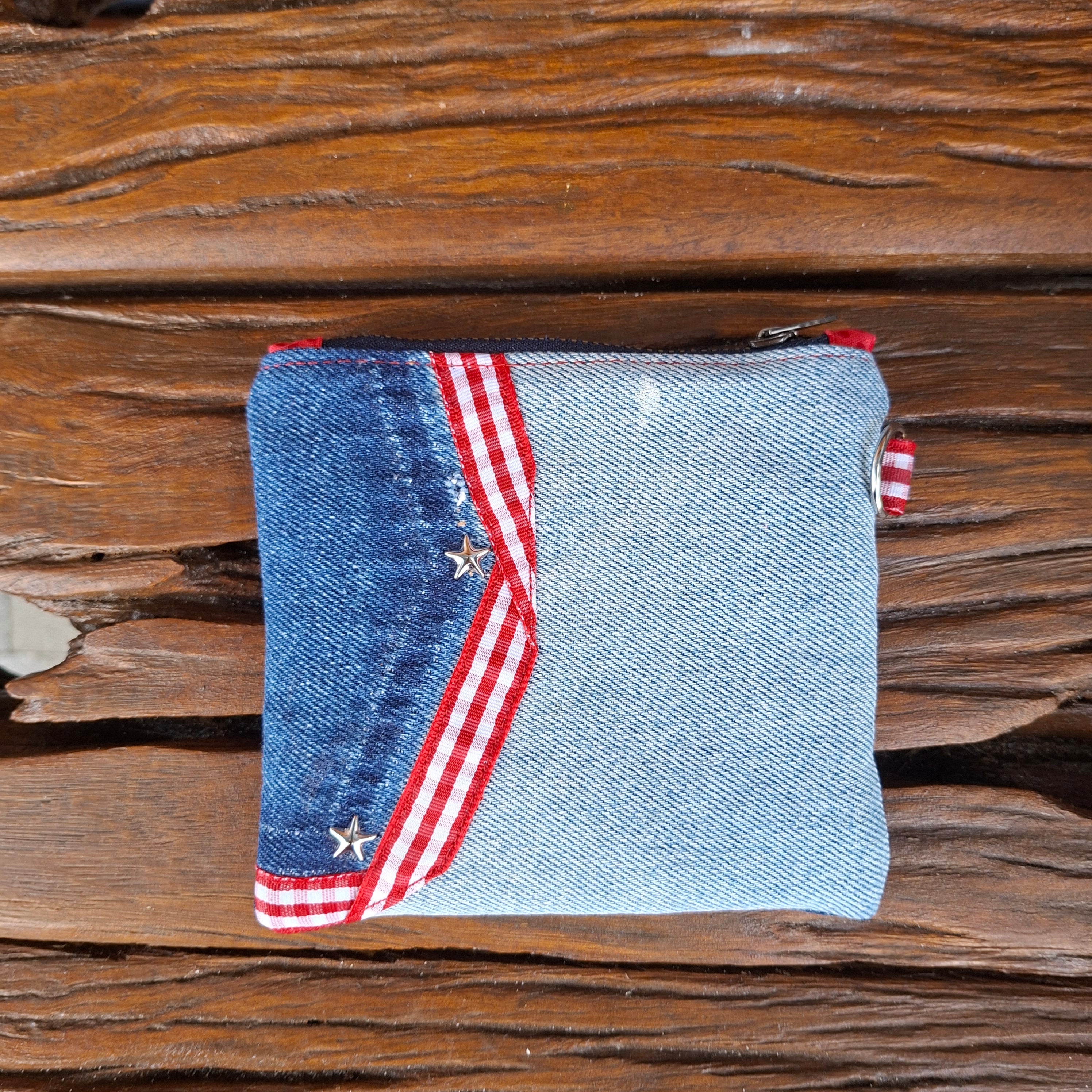 Recycled Denim Flat Strawberry Zipper Pouch