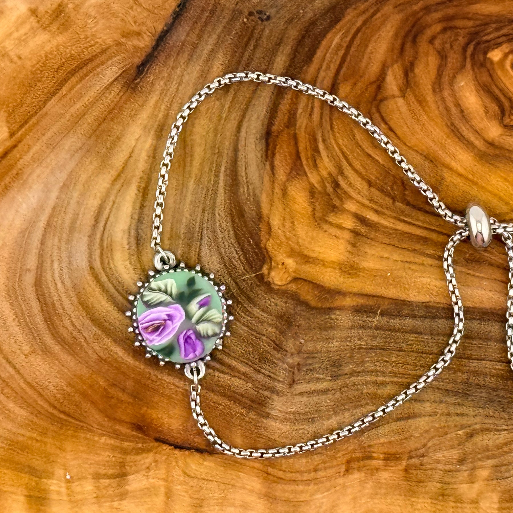 Purple Rose & Leaves Stainless Steel Adjustable Slider Bracelet