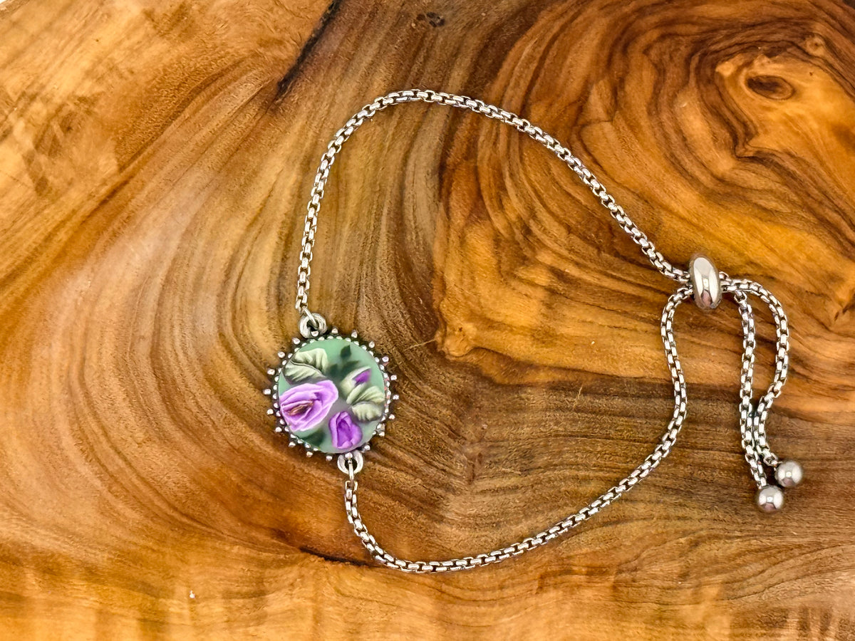 Purple Rose & Leaves Stainless Steel Adjustable Slider Bracelet