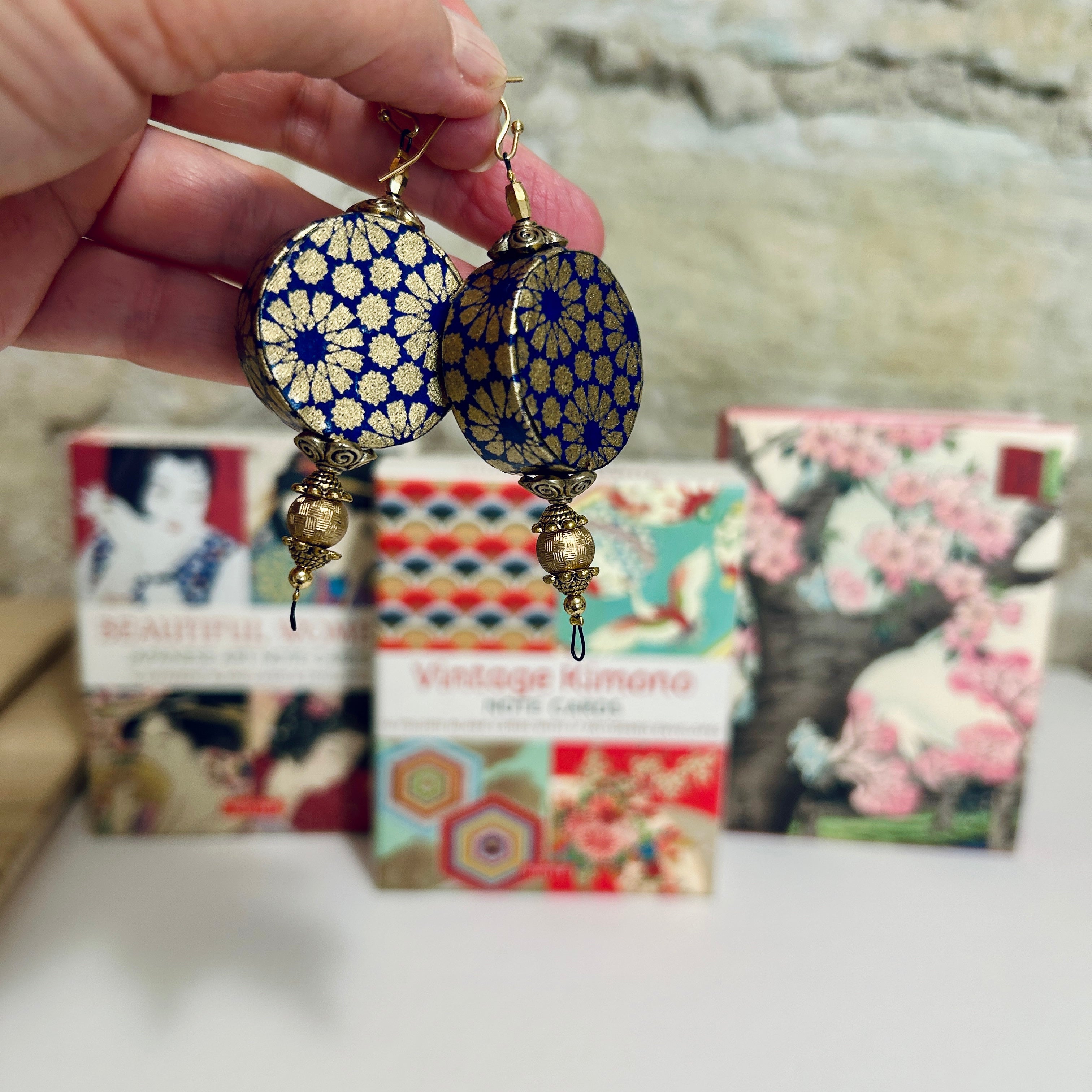 Long Navy Gold Japanese Paper Earrings: 3cm x 8cm