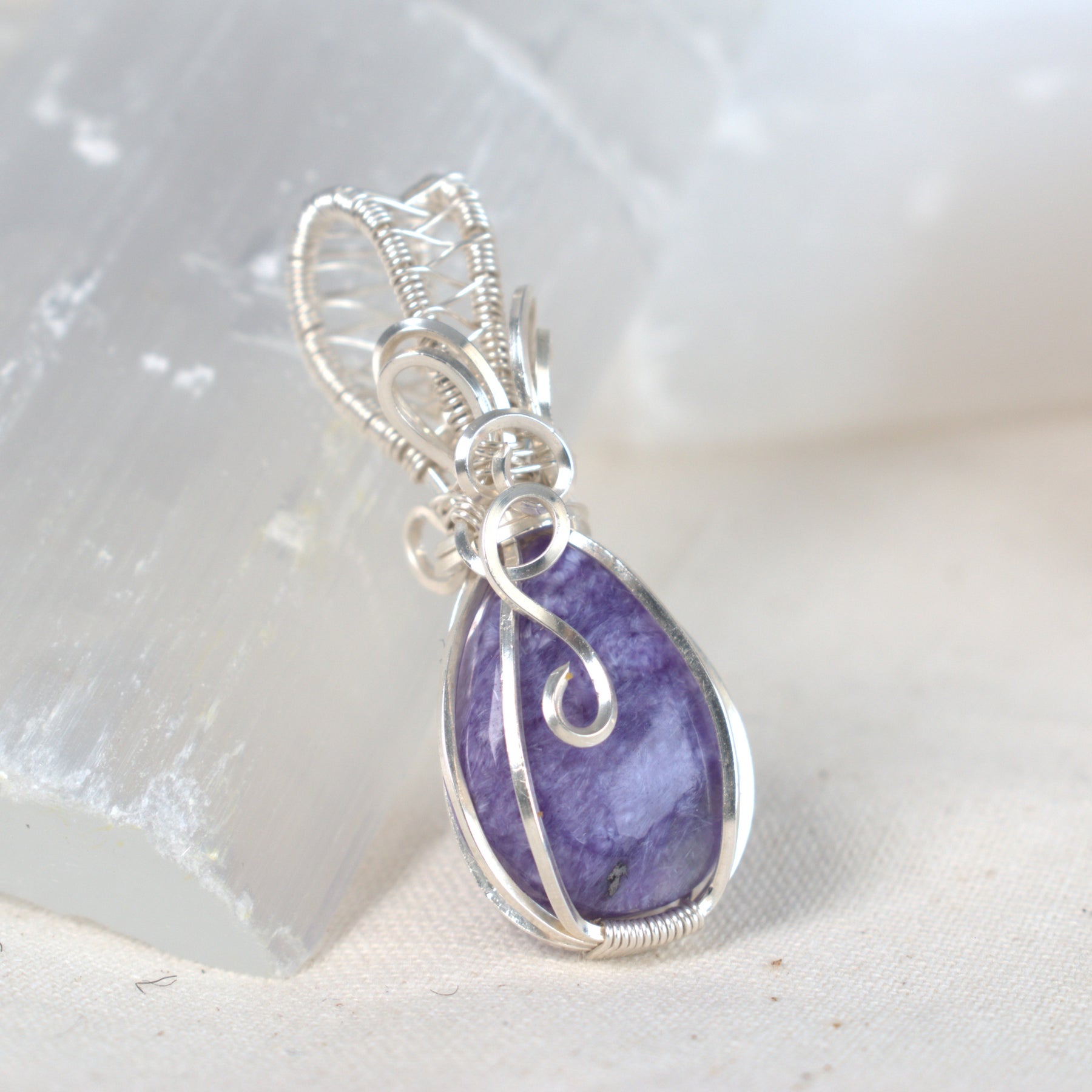 Wire Wrapped Charoite Keepsake Pendant
