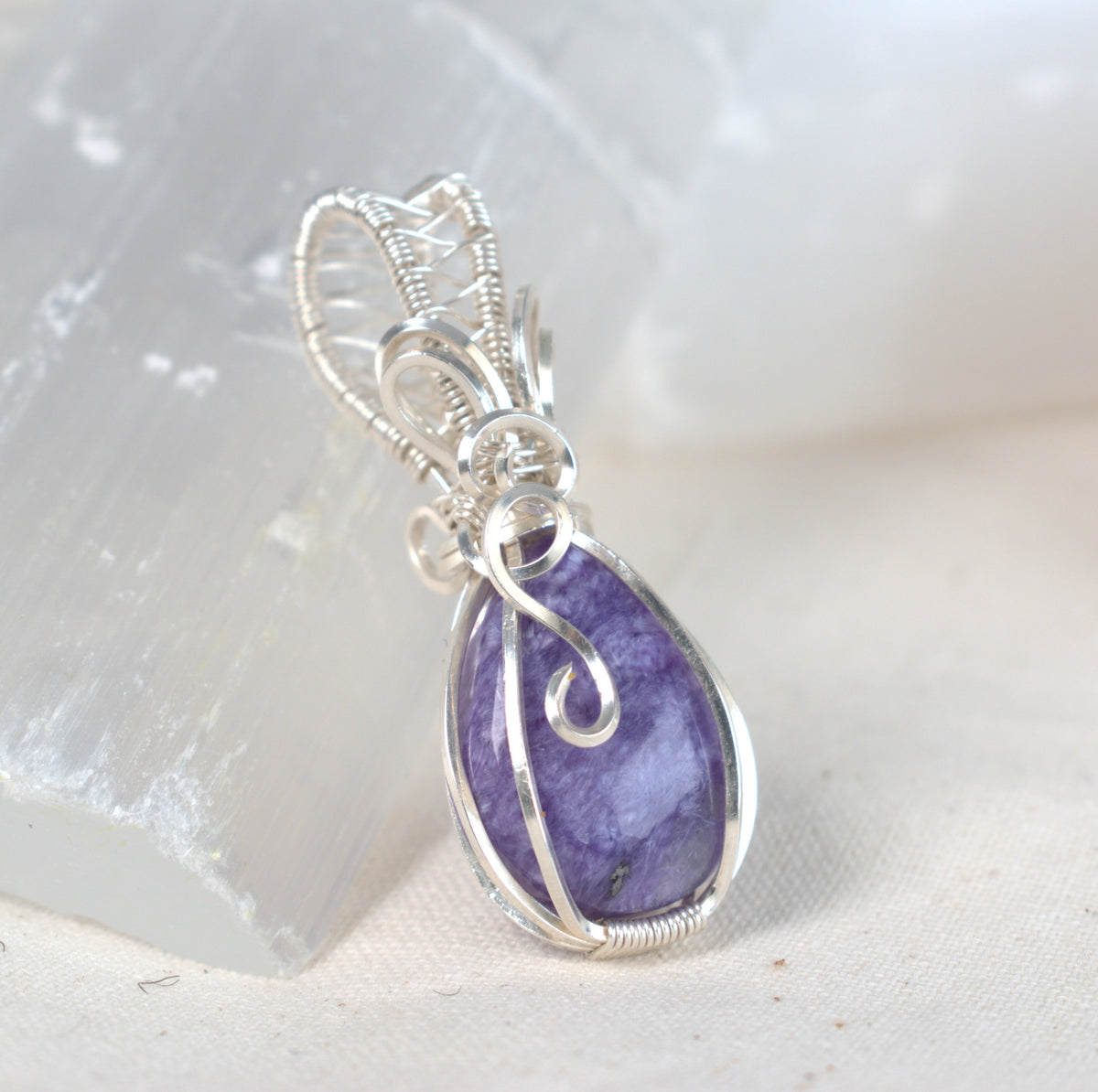 Wire Wrapped Charoite Keepsake Pendant