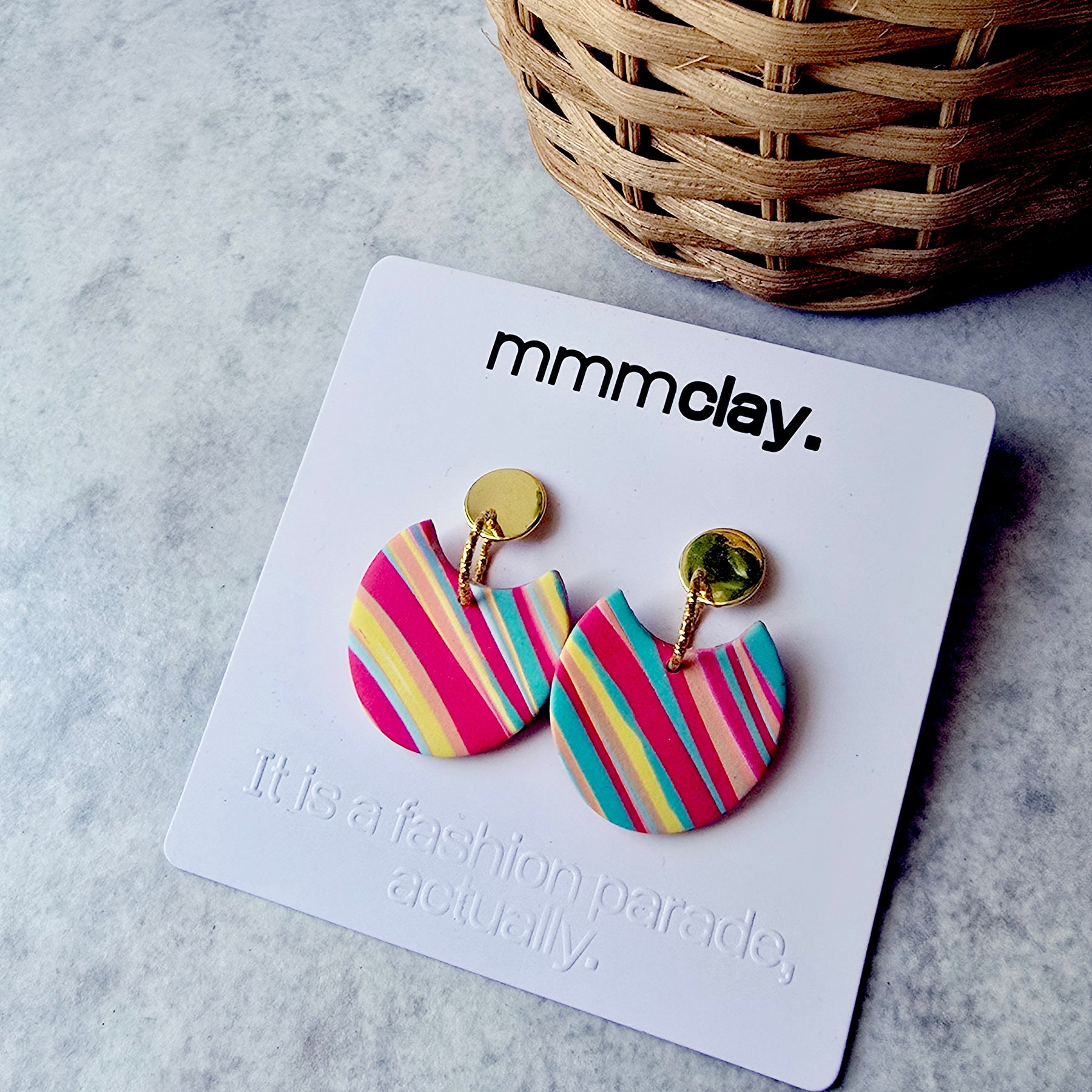 Multicolour Striped Polymer Clay Statement Drop Earrings | 9K Gold Plated