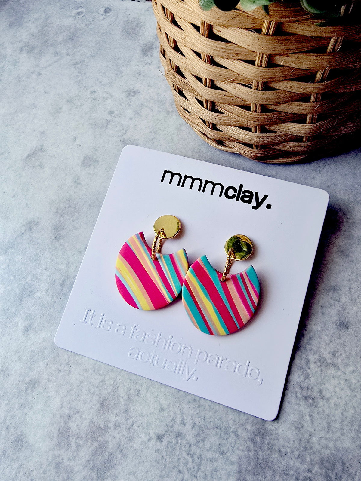 Multicolour Striped Polymer Clay Statement Drop Earrings | 9K Gold Plated