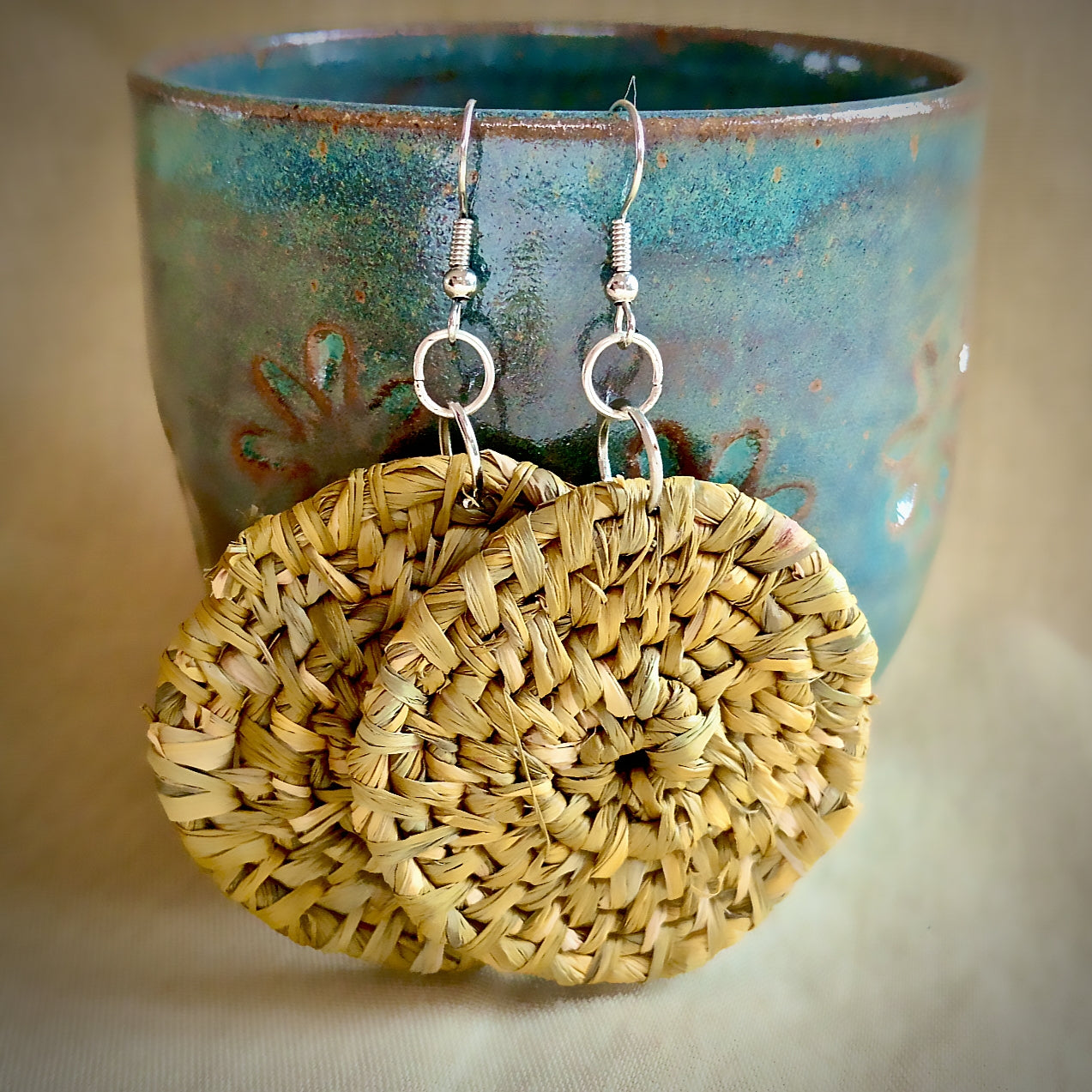 Woven Raffia Spiral Earrings, Various colours