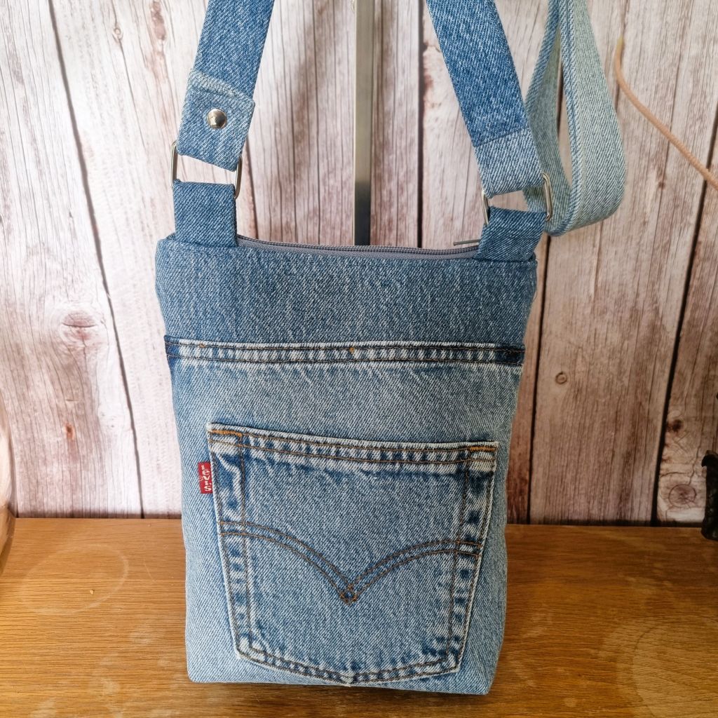 Upcycled triple zipped crossbody - denim and blue grey checked flannel