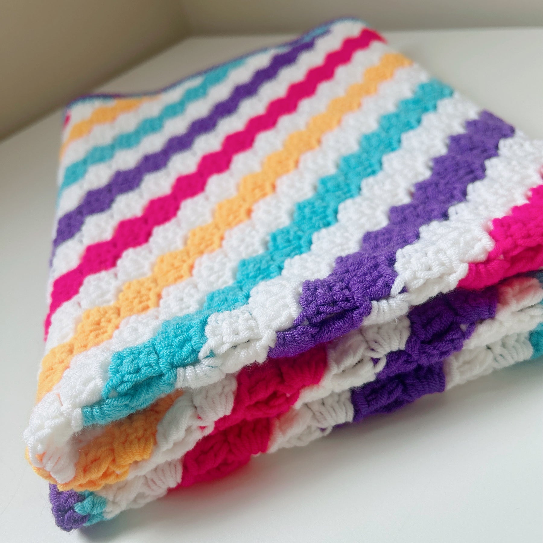 Handmade Crochet Blanket - Rainbow Stripe Baby Blanket - Colourful Nursery Throw