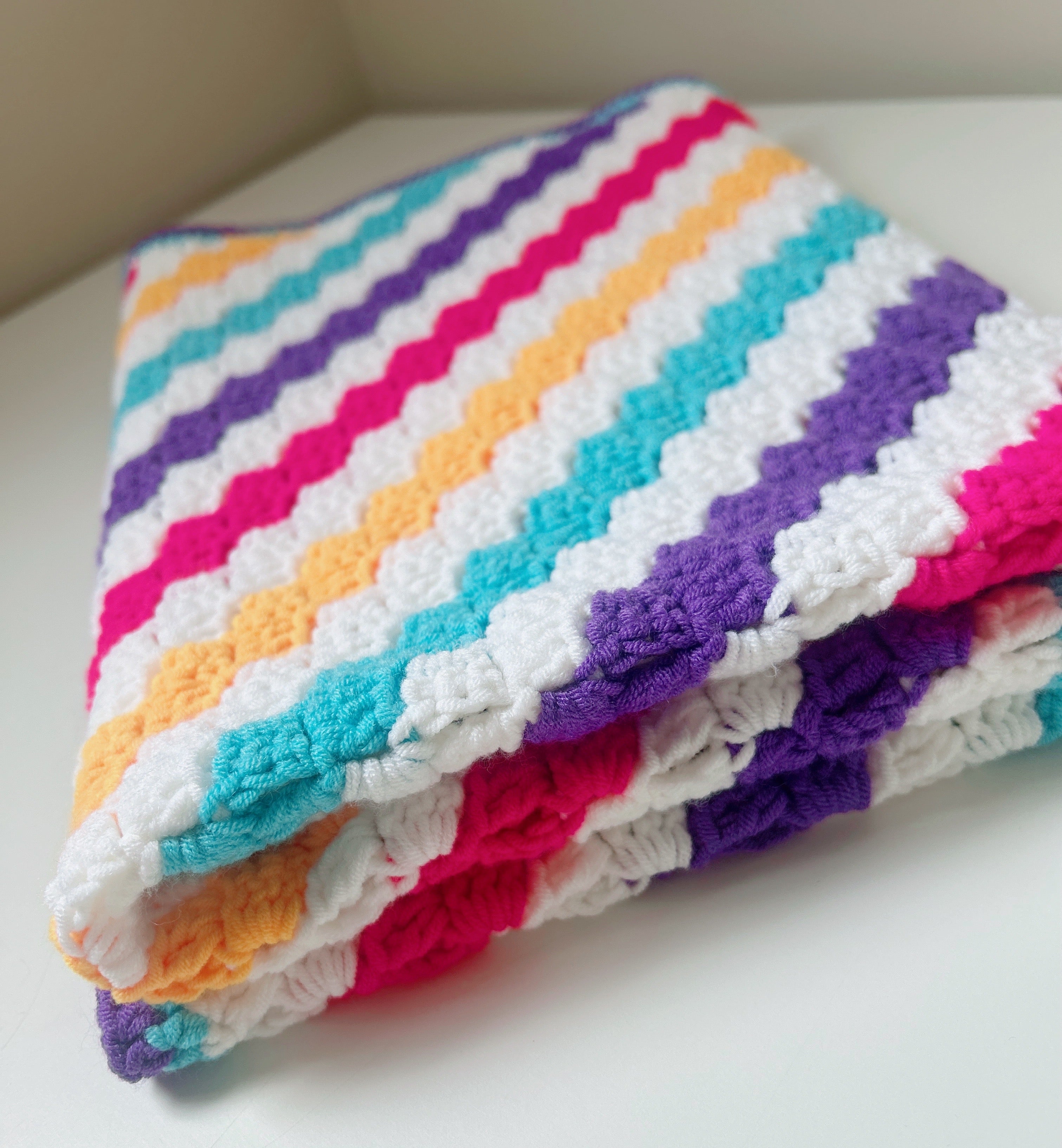 Handmade Crochet Blanket - Rainbow Stripe Baby Blanket - Colourful Nursery Throw