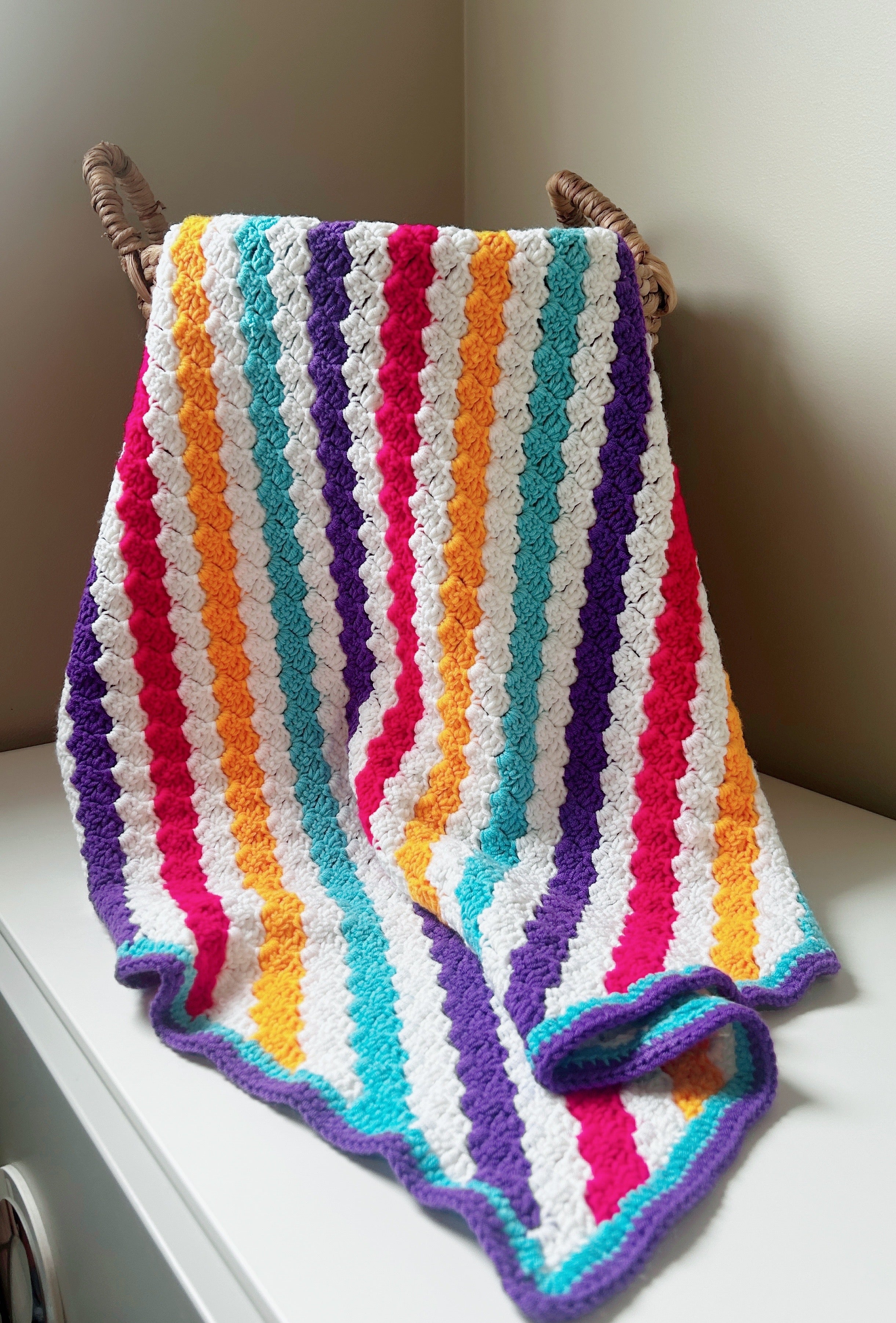Handmade Crochet Blanket - Rainbow Stripe Baby Blanket - Colourful Nursery Throw
