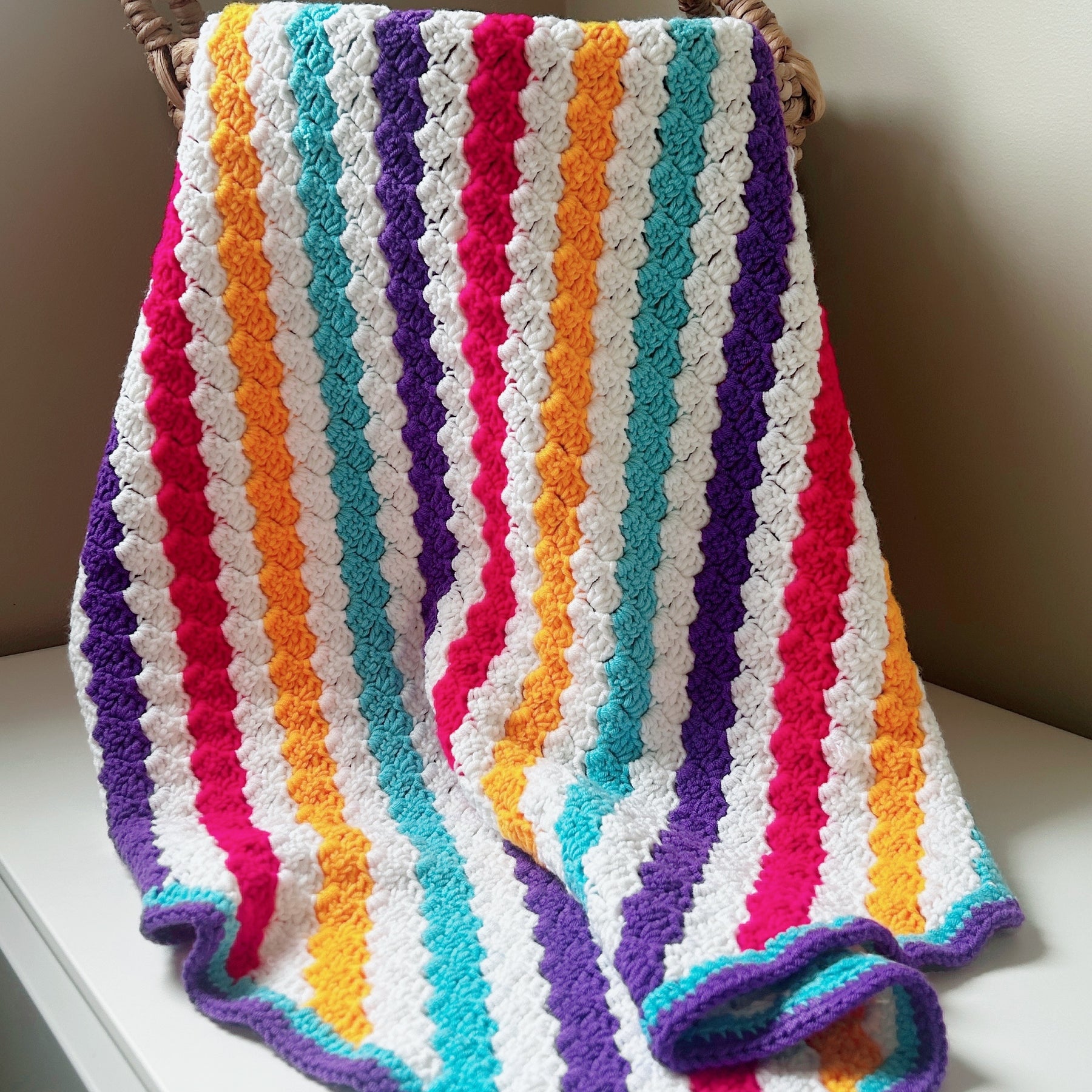 Handmade Crochet Blanket - Rainbow Stripe Baby Blanket - Colourful Nursery Throw