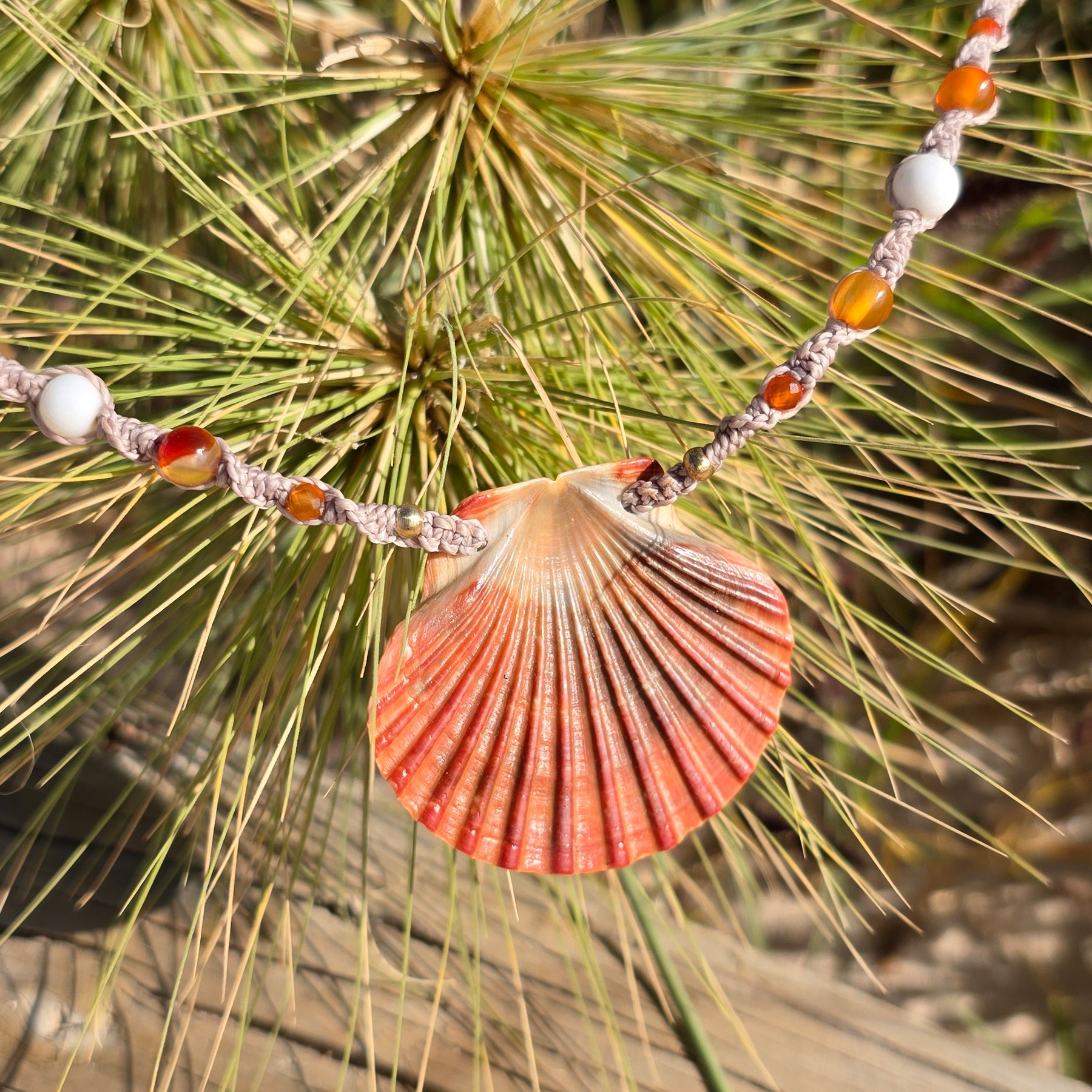 Scallop Shell Necklace with Carnelian & Shell Beads