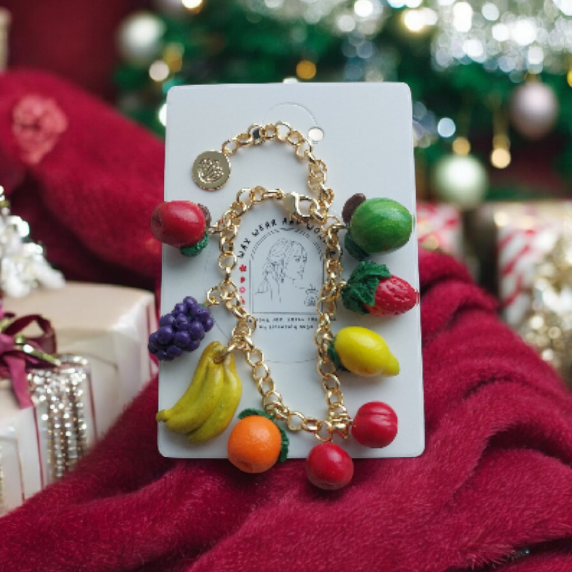 Charm Bracelet - Fruit Fiesta, 14K Gold Plated Chain, Charm & Clasp