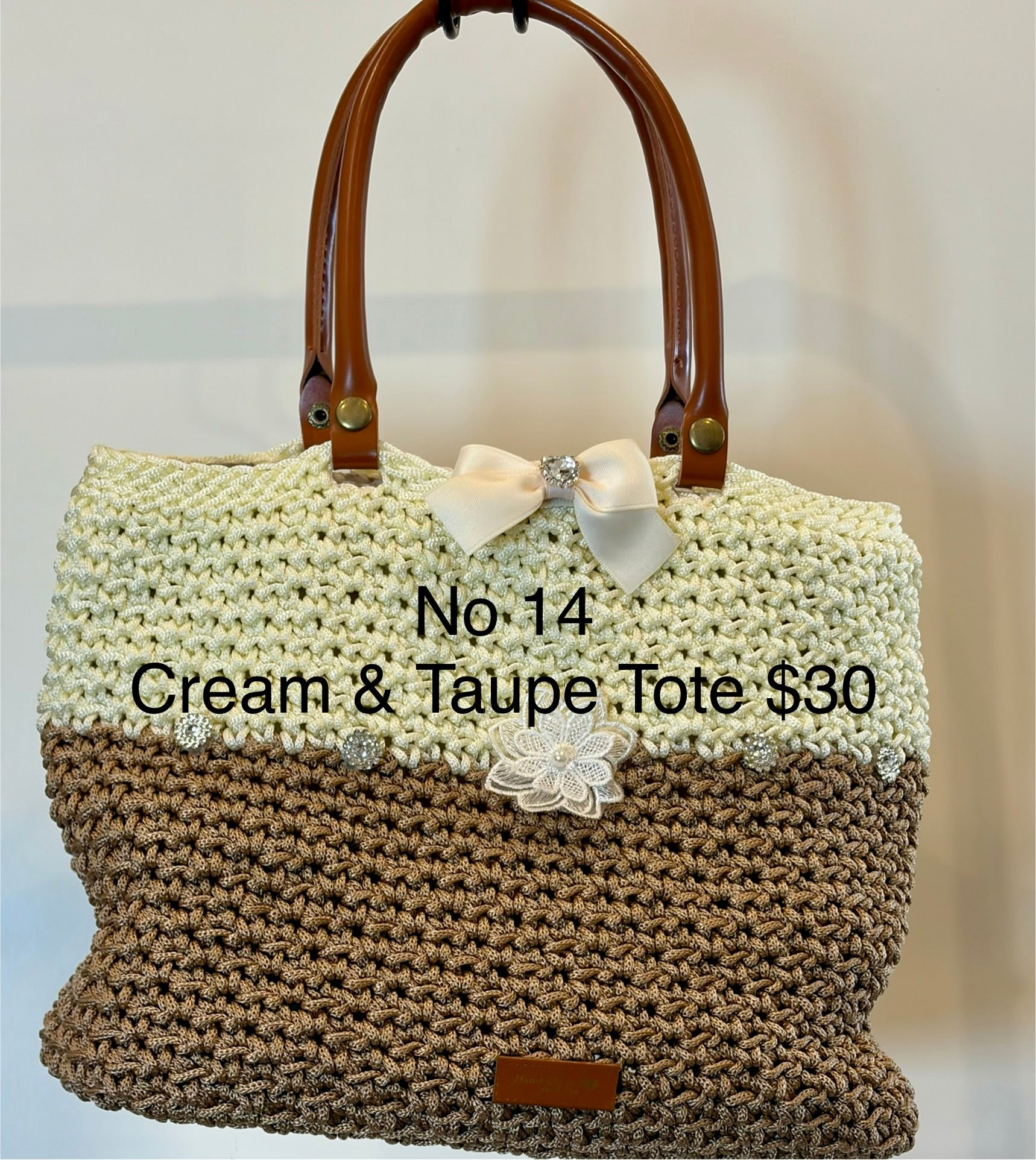 No 14 CReam & Taupe Crocheted Tote Bag