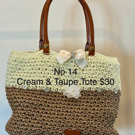 No 14 CReam & Taupe Crocheted Tote Bag