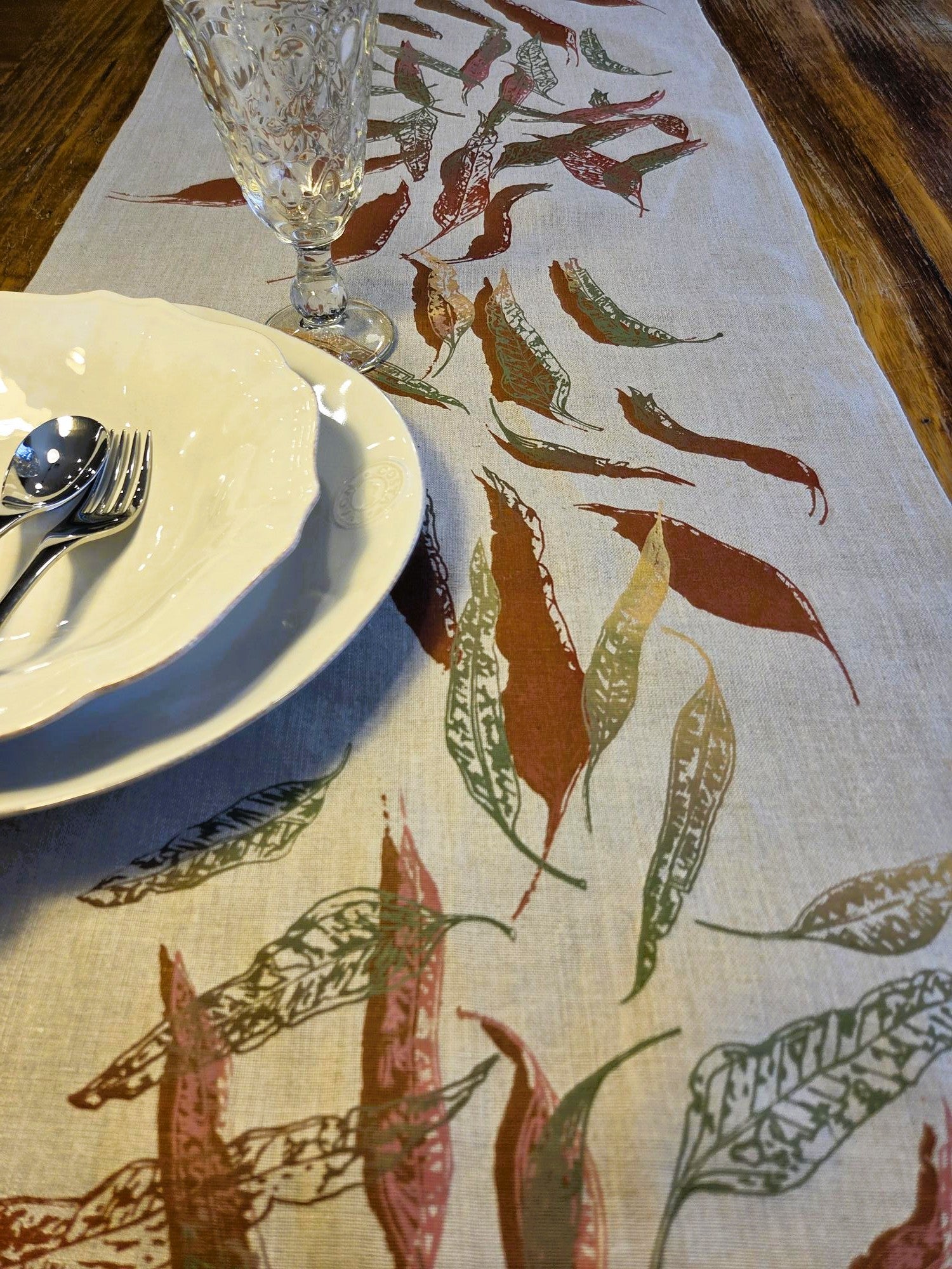 Hand Screen Printed Linen Table Runners-Eucalypt Fallen Leaves