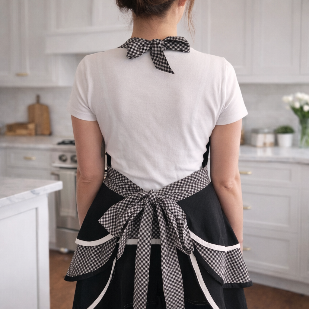Vintage-Inspired Handmade Apron – Gingham & Black Cotton