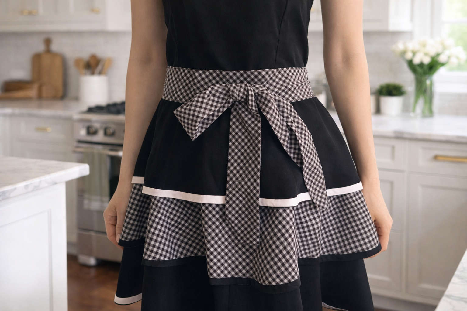 Vintage-Inspired Handmade Apron – Gingham & Black Cotton