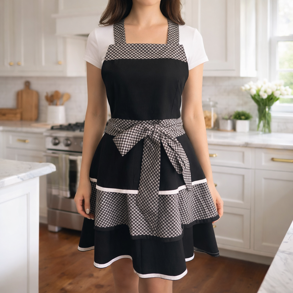 Vintage-Inspired Handmade Apron – Gingham & Black Cotton