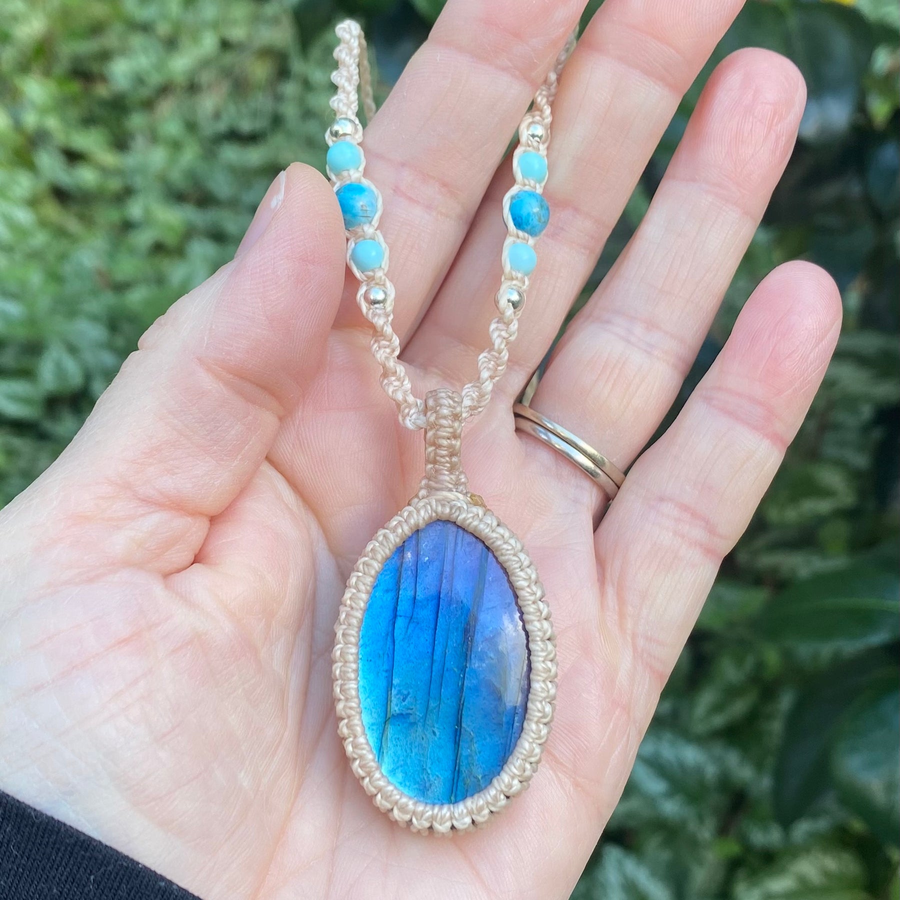 Blue Flash Labradorite Pendant: Beaded Macrame necklace, Adjustable Boho
