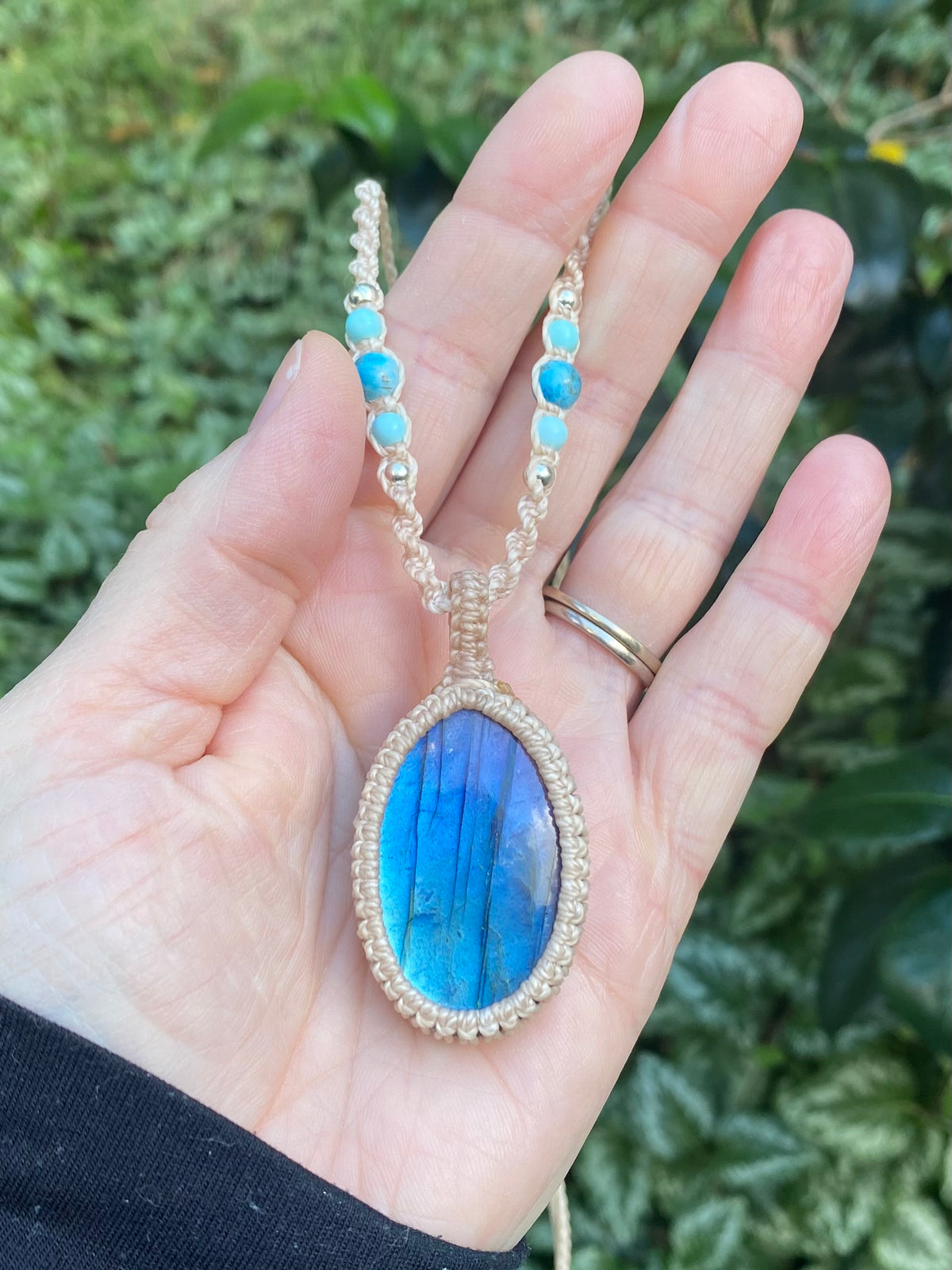 Blue Flash Labradorite Pendant: Beaded Macrame necklace, Adjustable Boho