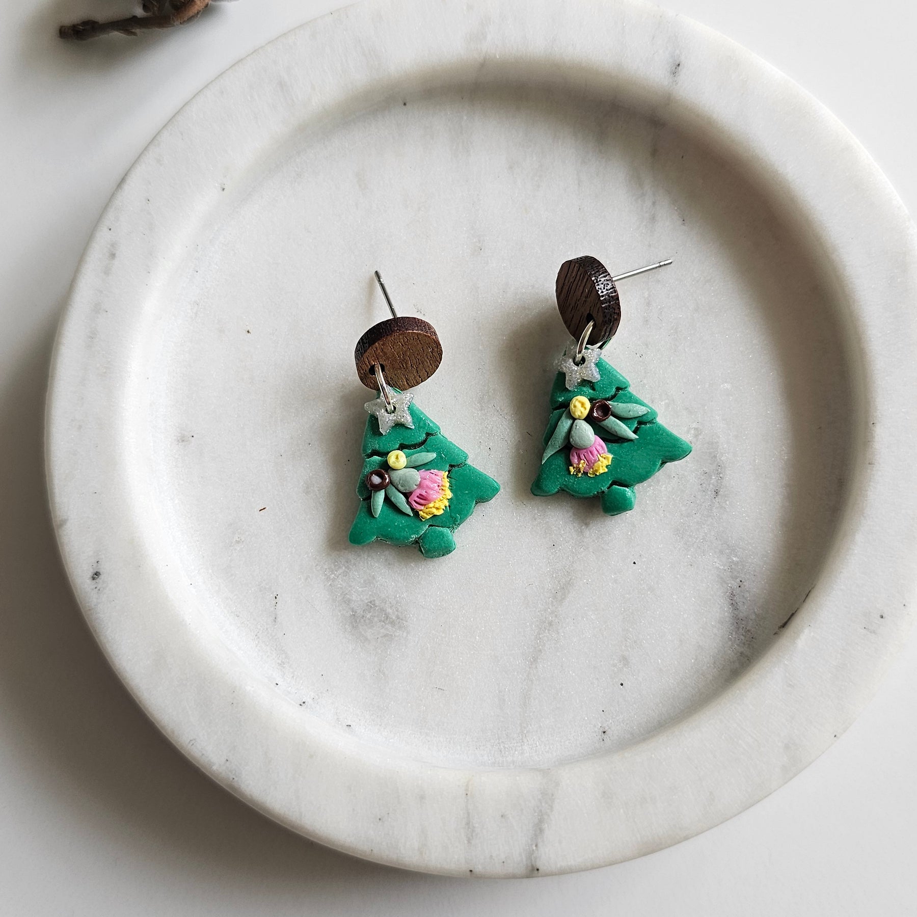 Australian Native Christmas Tree Earrings , Polymer Clay Handmade Jewelry.