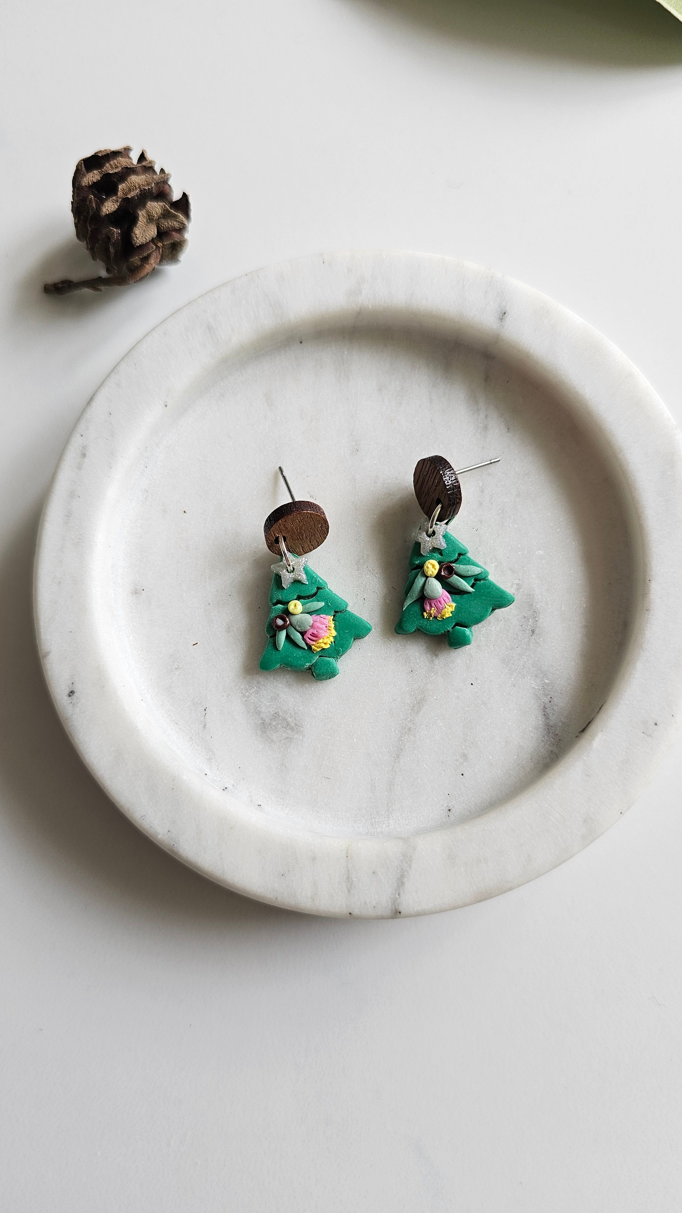 Australian Native Christmas Tree Earrings , Polymer Clay Handmade Jewelry.