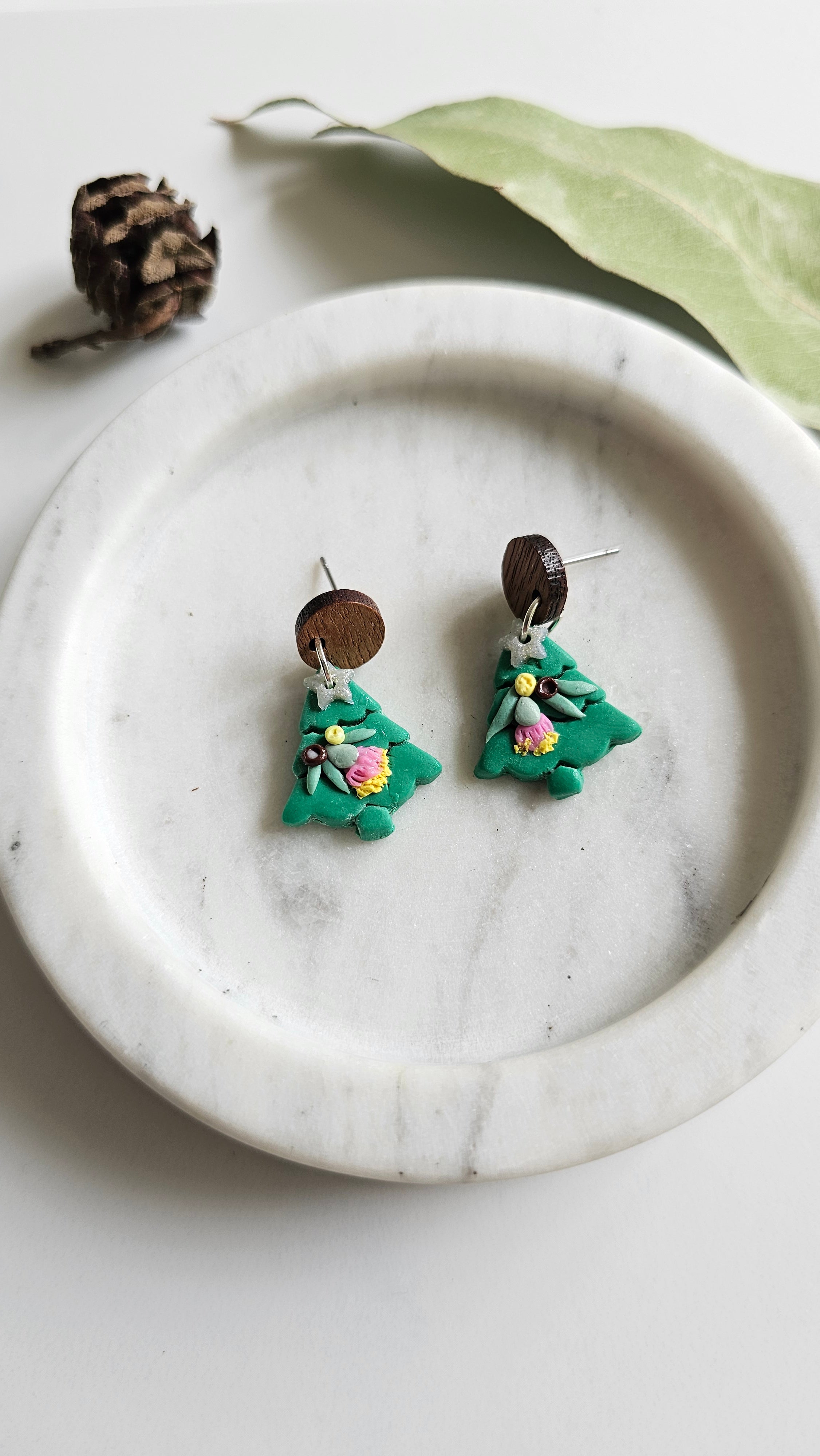 Australian Native Christmas Tree Earrings , Polymer Clay Handmade Jewelry.