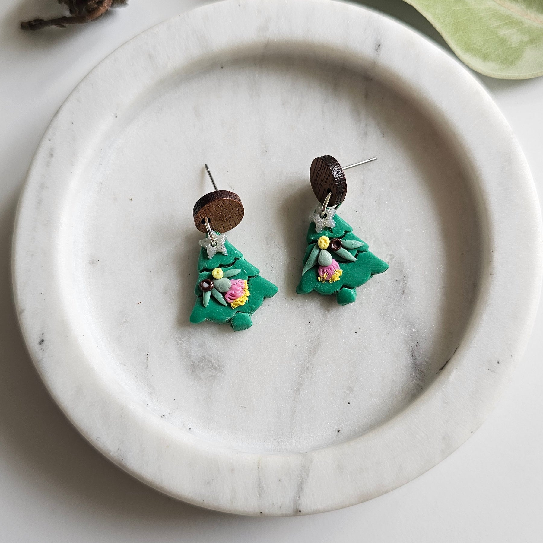 Australian Native Christmas Tree Earrings , Polymer Clay Handmade Jewelry.