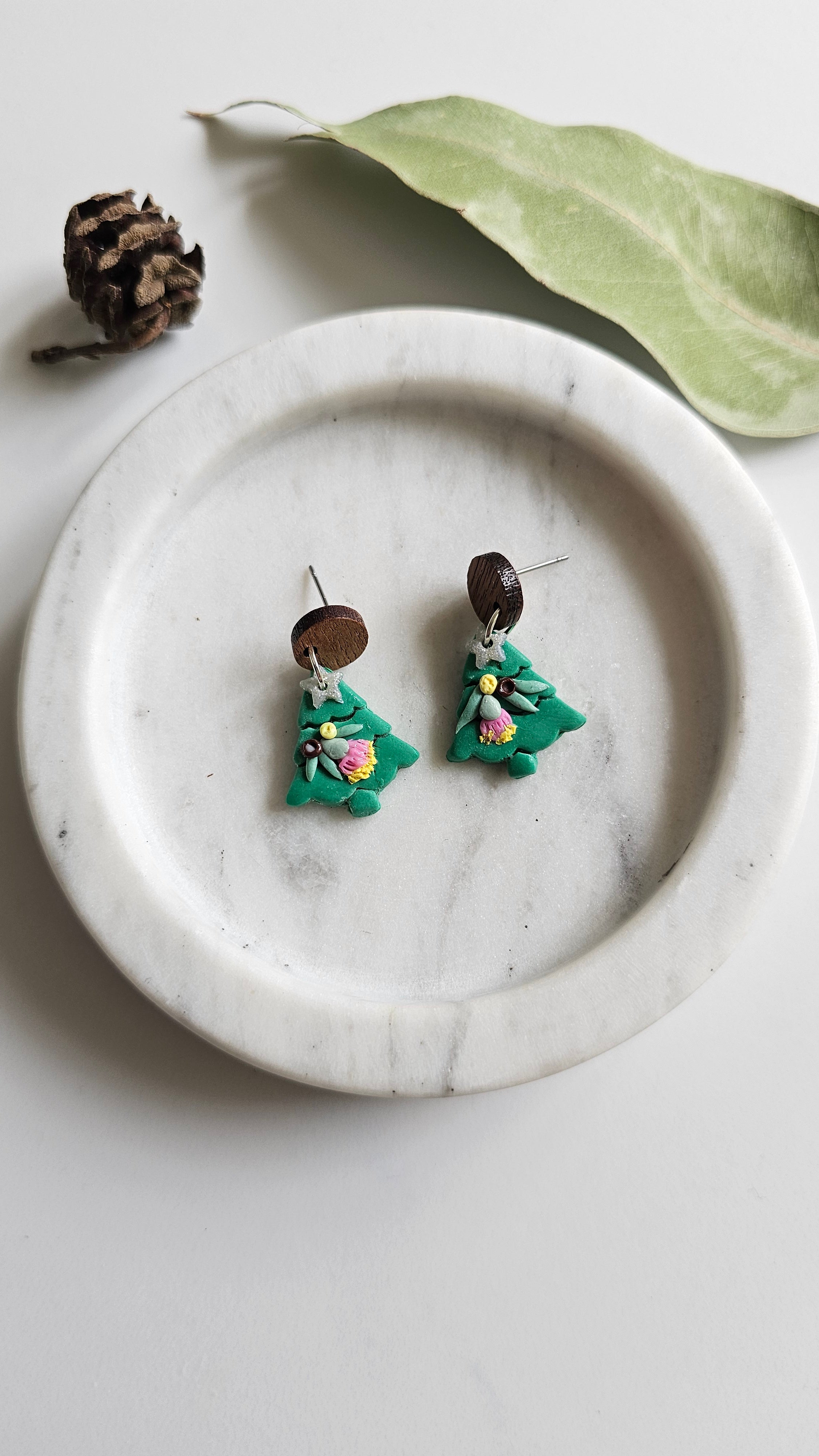 Australian Native Christmas Tree Earrings , Polymer Clay Handmade Jewelry.