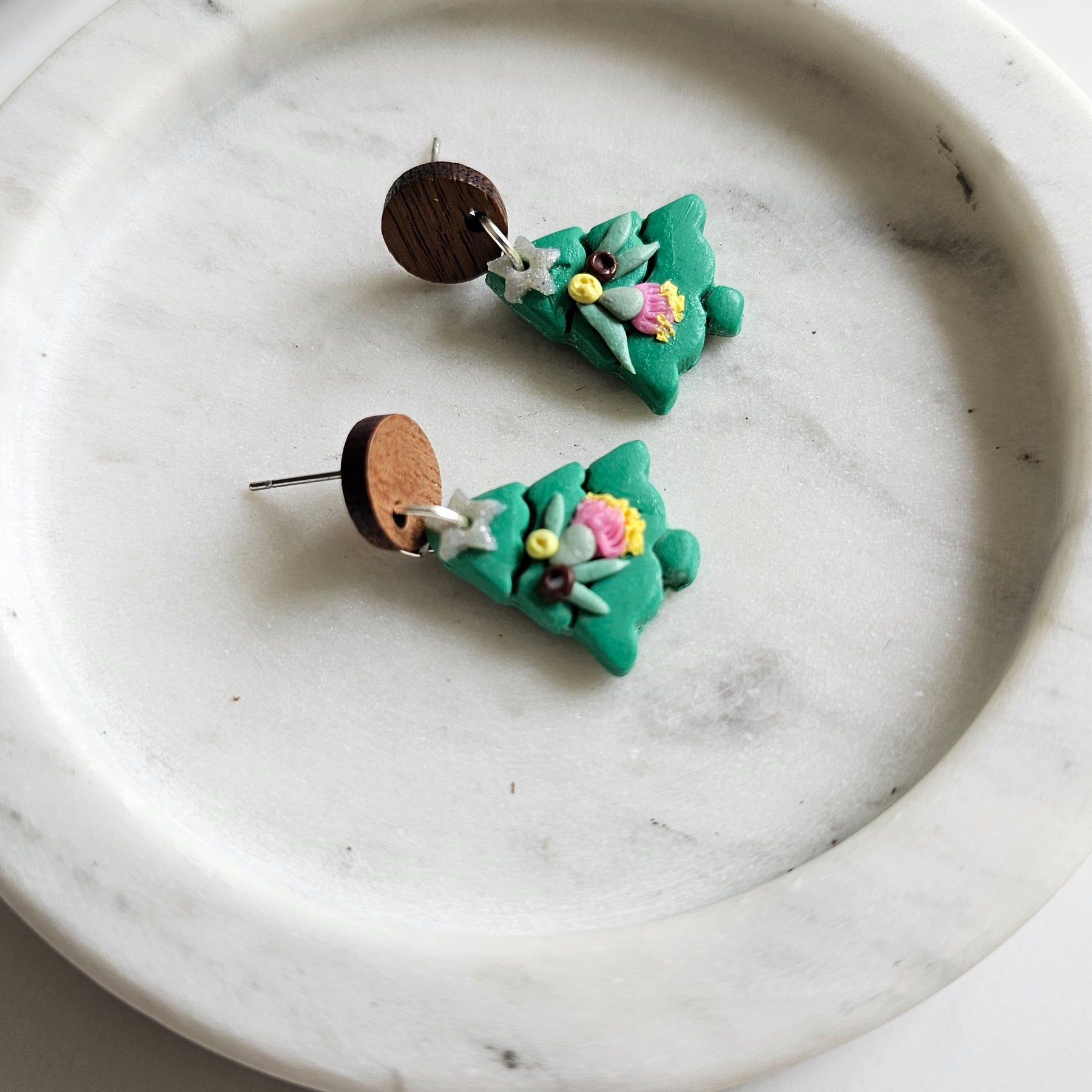 Australian Native Christmas Tree Earrings , Polymer Clay Handmade Jewelry.