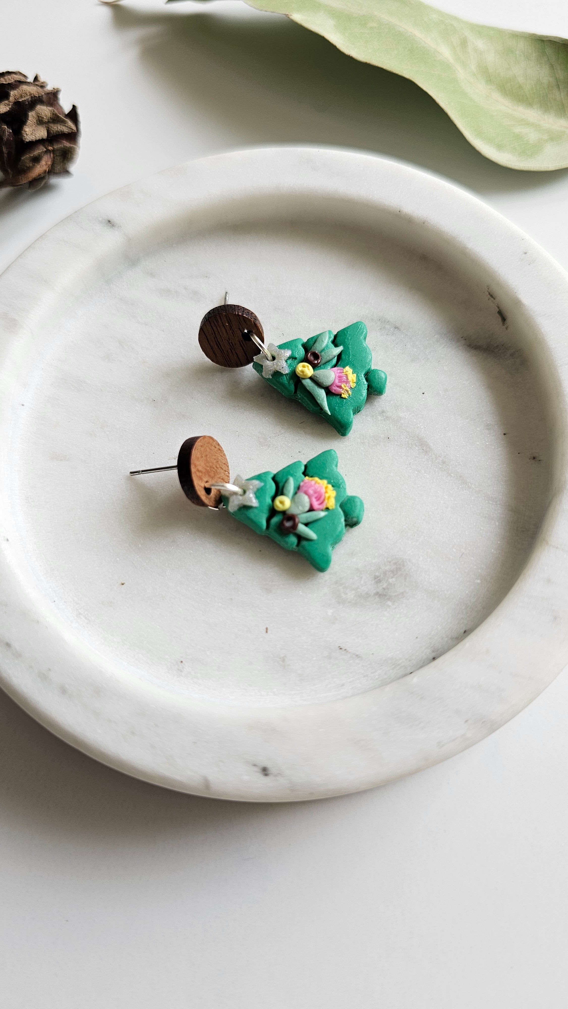 Australian Native Christmas Tree Earrings , Polymer Clay Handmade Jewelry.