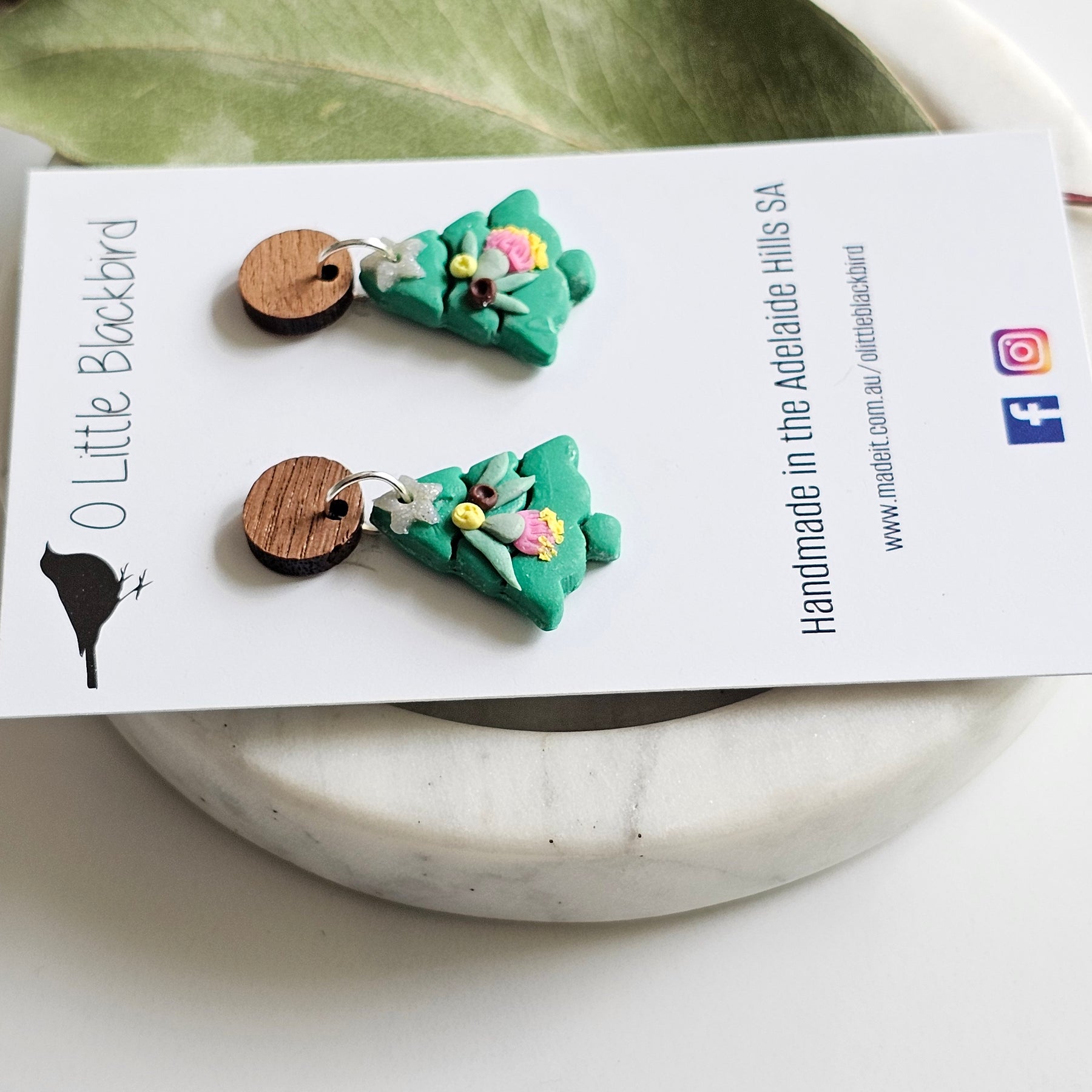 Australian Native Christmas Tree Earrings , Polymer Clay Handmade Jewelry.