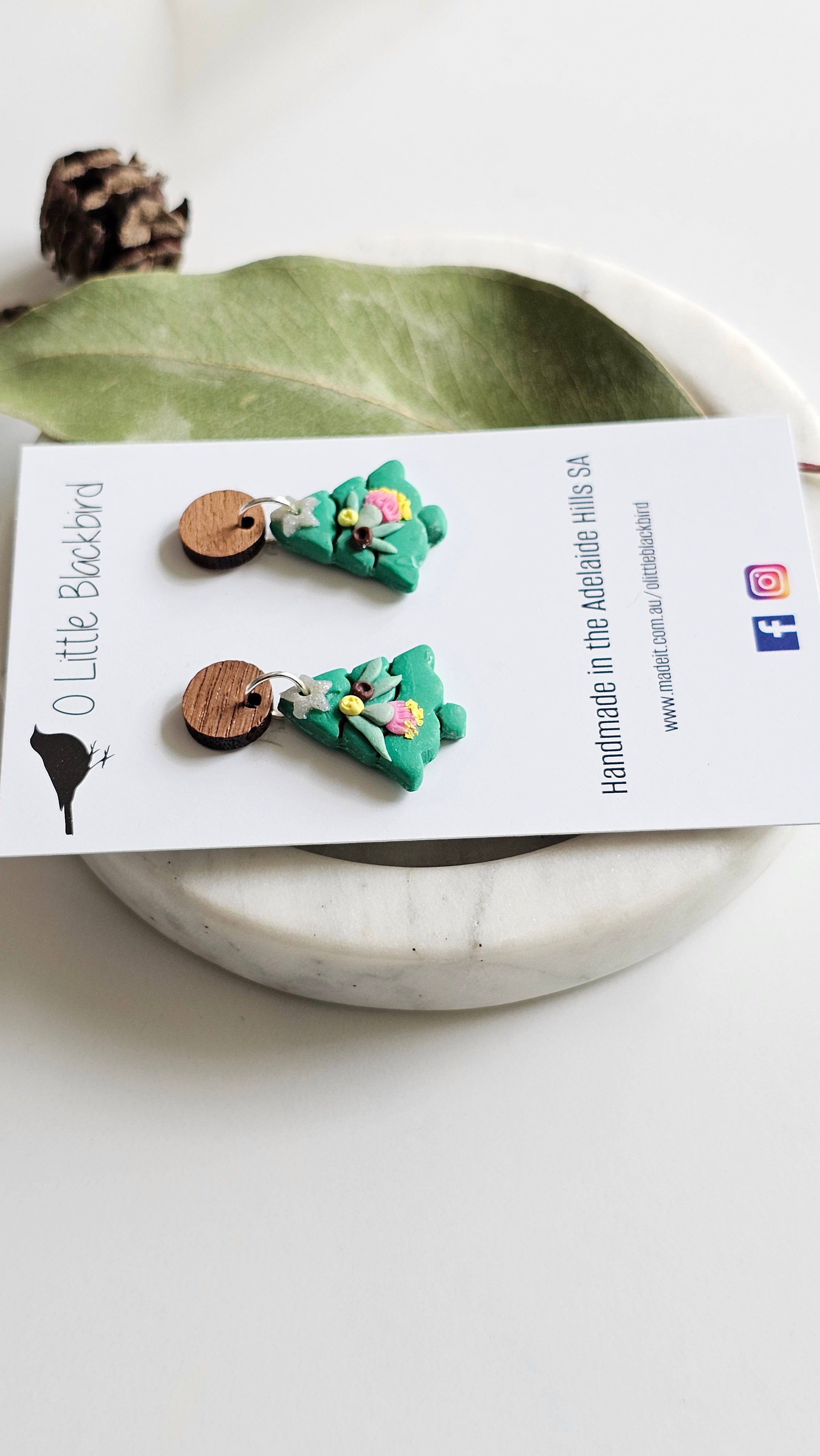 Australian Native Christmas Tree Earrings , Polymer Clay Handmade Jewelry.