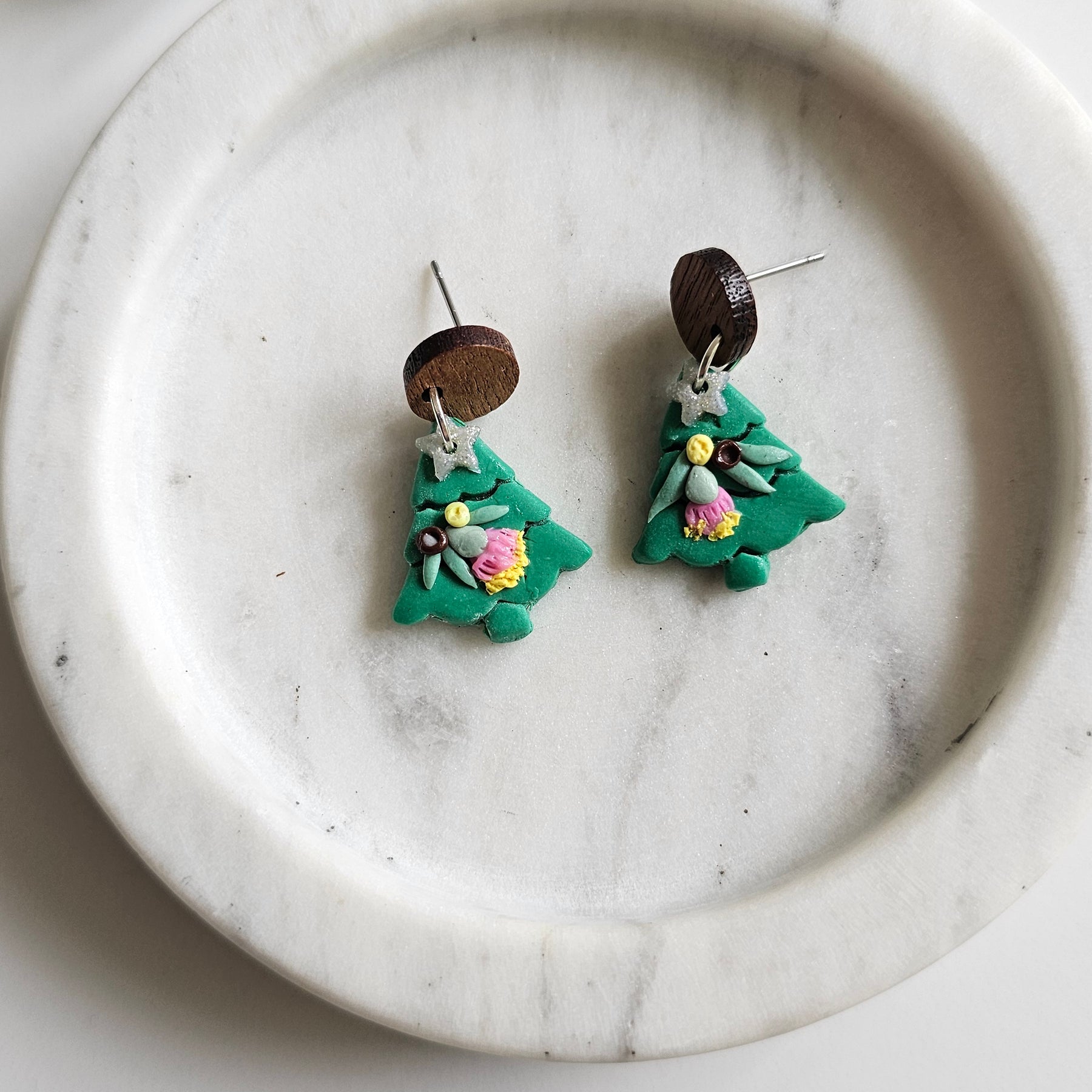 Australian Native Christmas Tree Earrings , Polymer Clay Handmade Jewelry.