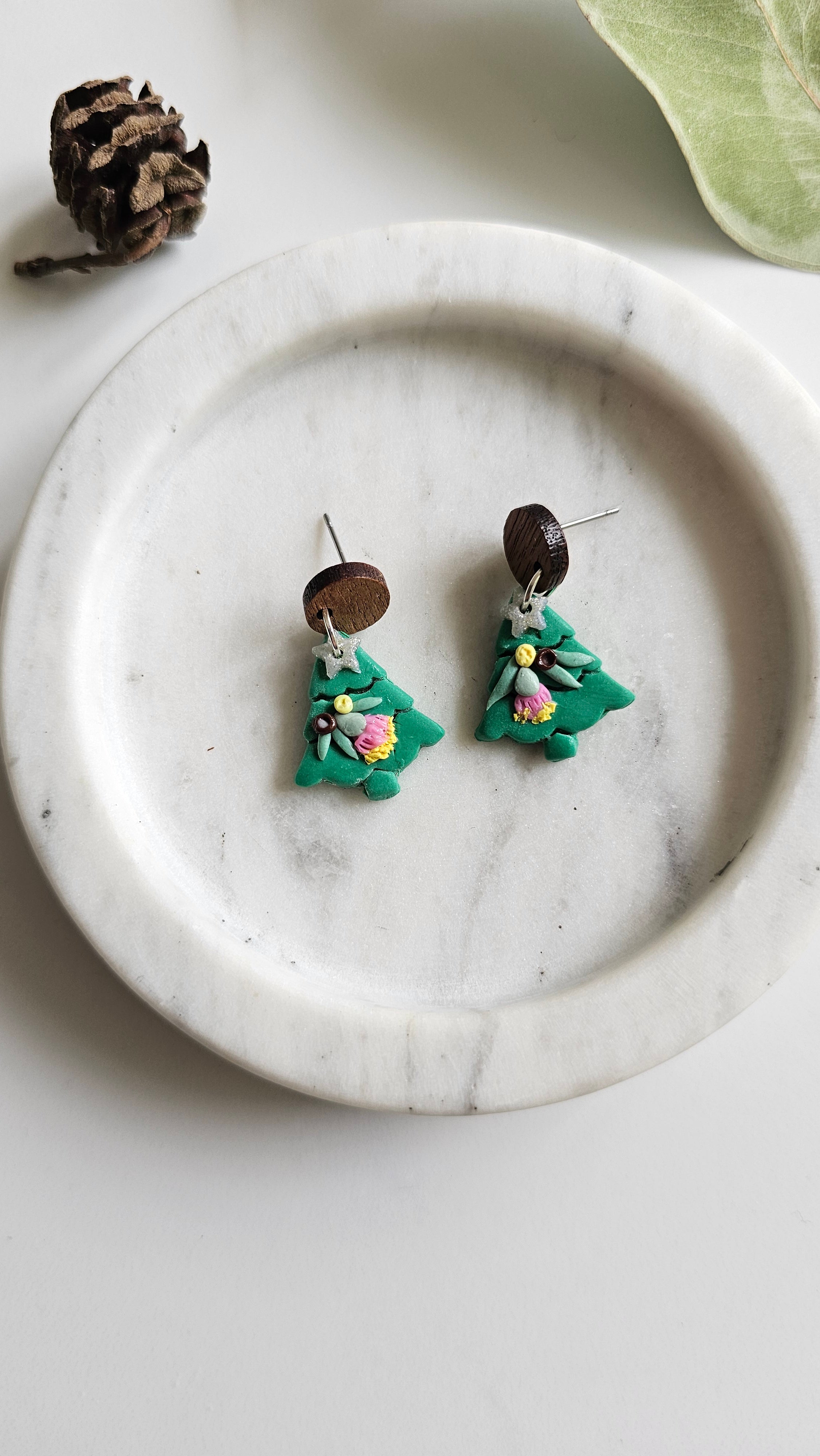 Australian Native Christmas Tree Earrings , Polymer Clay Handmade Jewelry.
